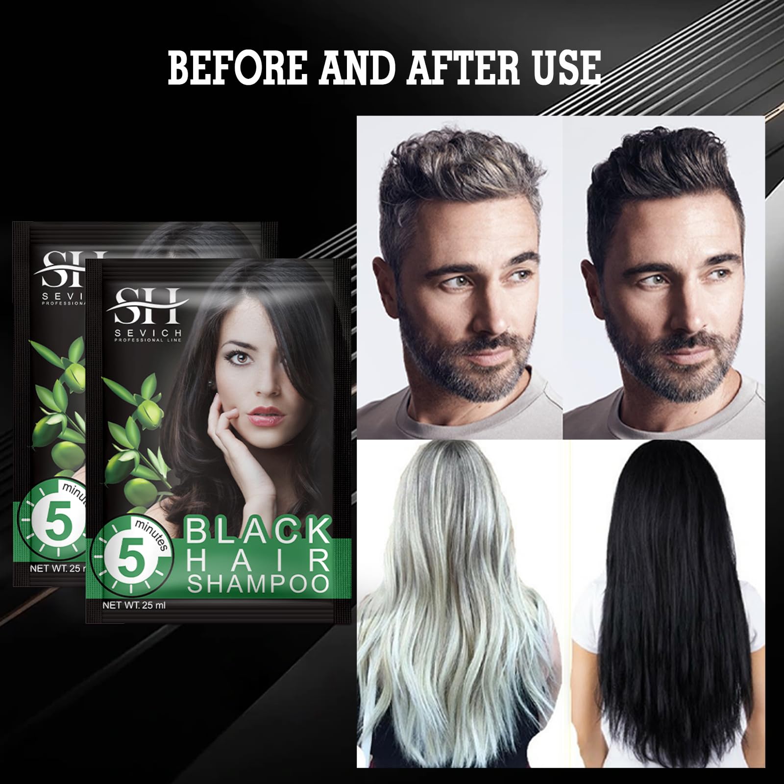 Black Hair Shampoo - Sevich Instantly Black Hair Dye, Natural Ingredients Hair Shampoo, Hair Strength Repair Conditioner, 5 Minu
