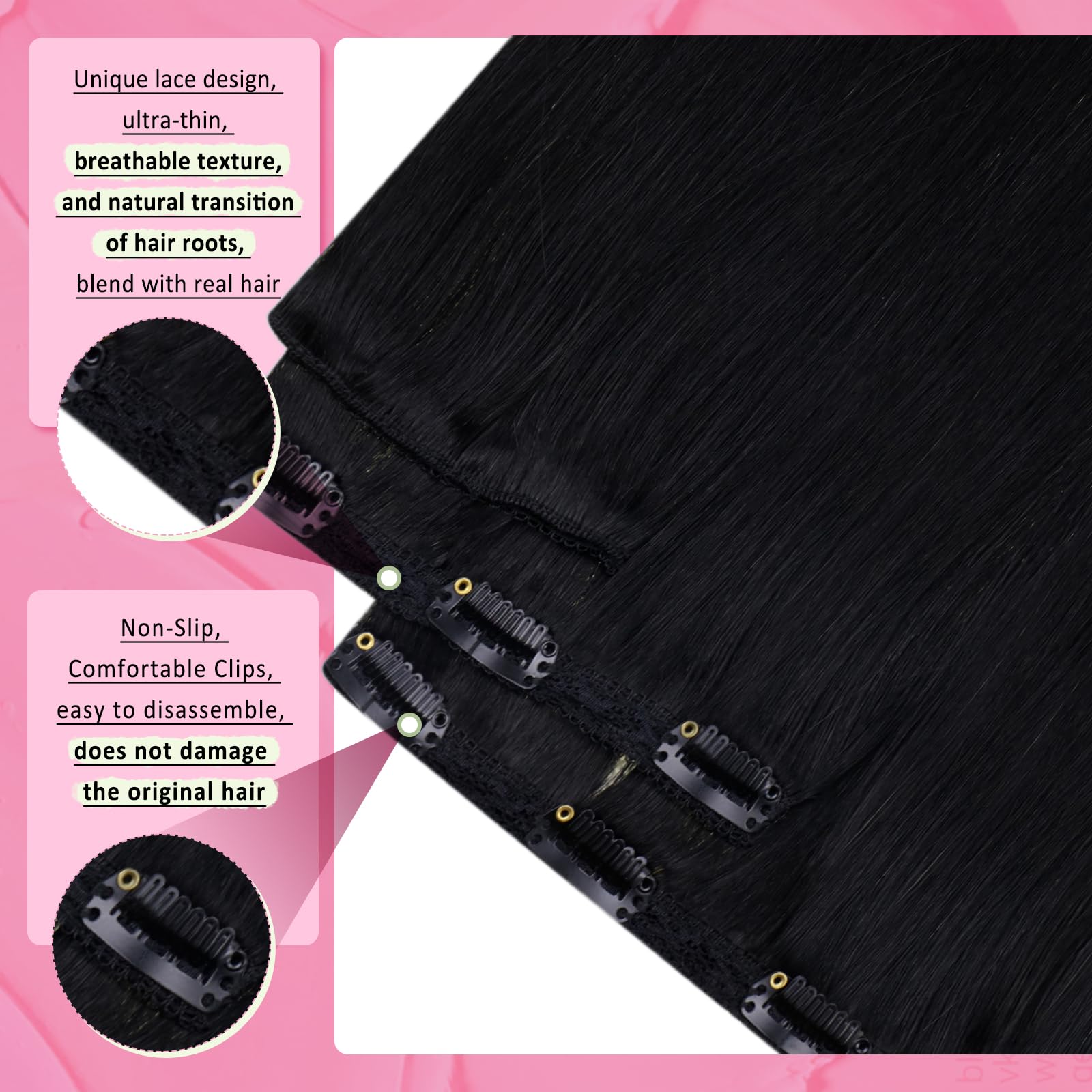 YoungSee 135G Clips in Hair Extensions Black Clip in Human Hair Extension Jet Black for Women No Sense of Disobedience 16Inch 7P