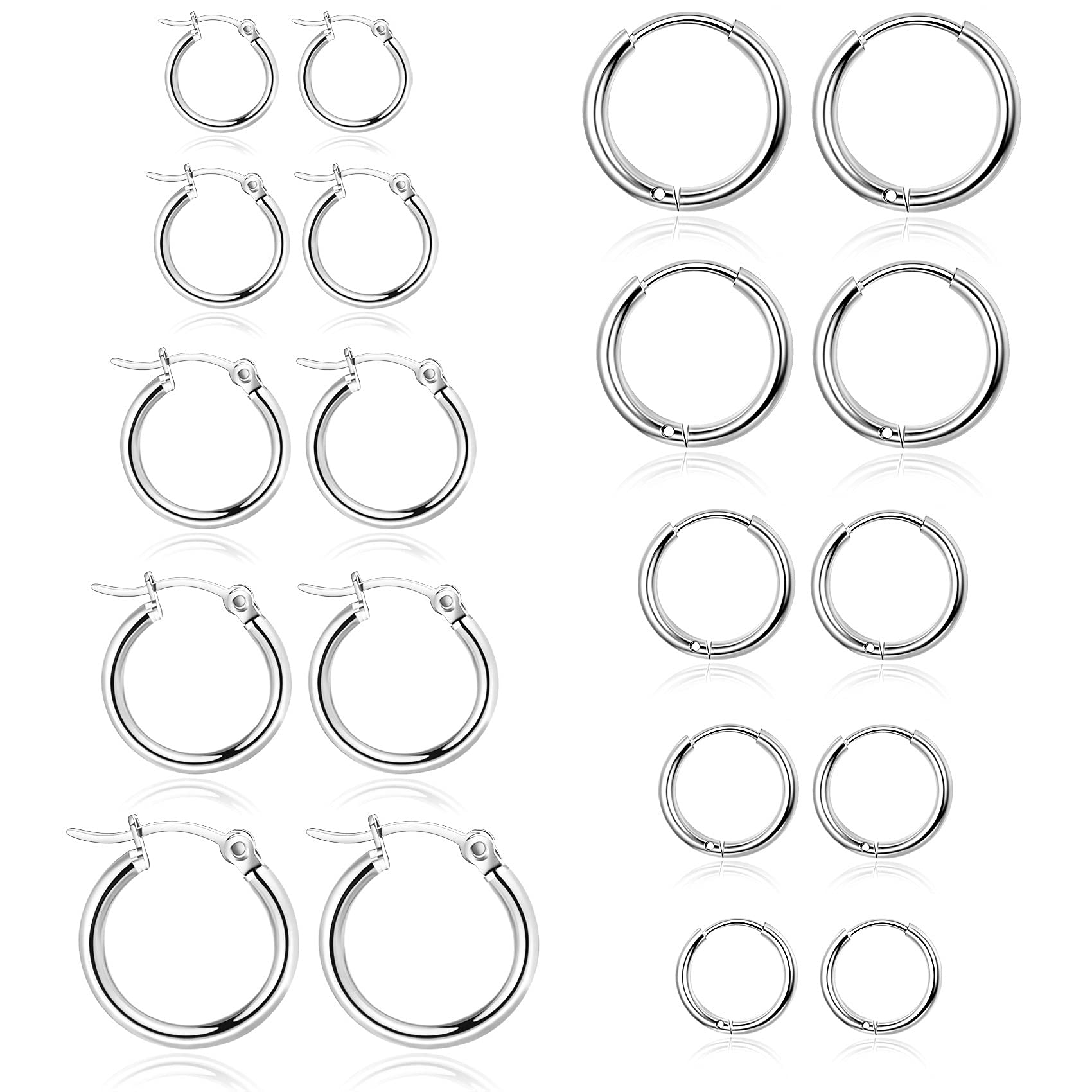 10 Pairs Silver Hoop Earrings Set for Women Surgical Steel Hoop Earrings Lightweight Hypoallergenic Tiny Small Hoops For Men (8m