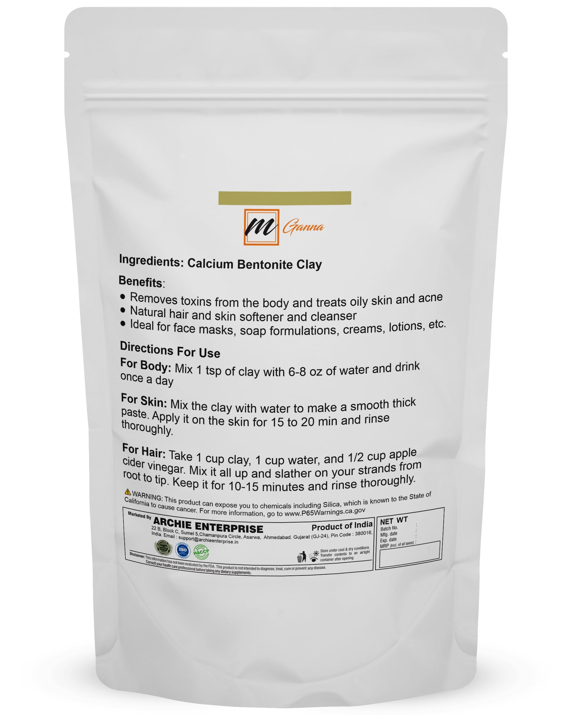 mGanna 100% Natural Calcium Bentonite Clay (Food Grade) for Body Detox, Facial Masks, Creams, Body Wraps, Skin Tightening, and S