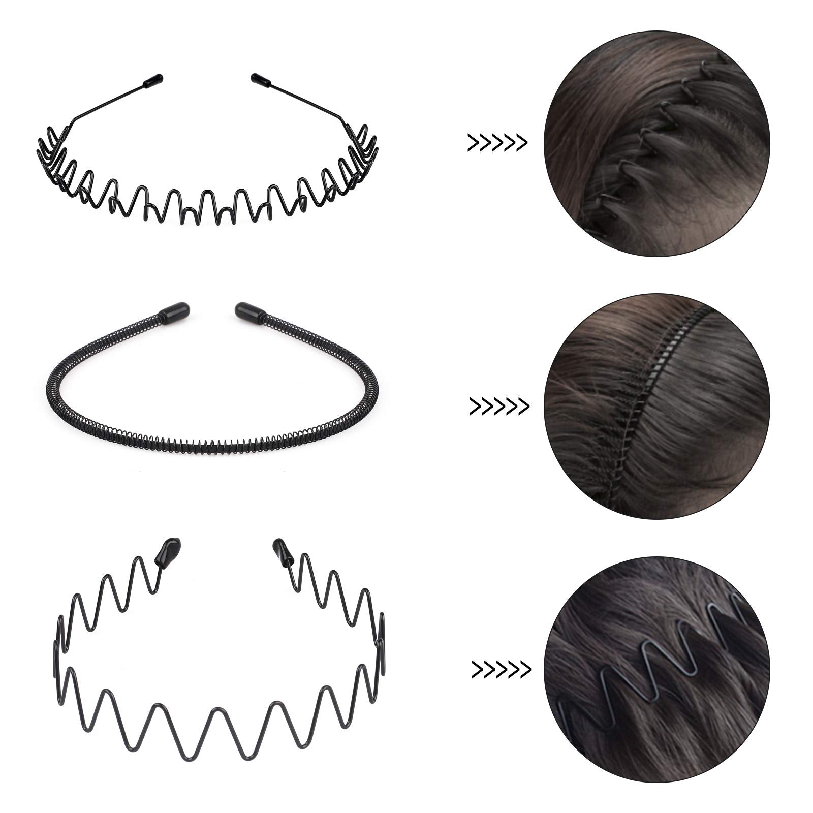 fenshine 6PCS Metal Hair Bands, Spring Wavy Hoop Unisex Black Headband Slicked Back Non Slip Sports Hairband for Women Men
