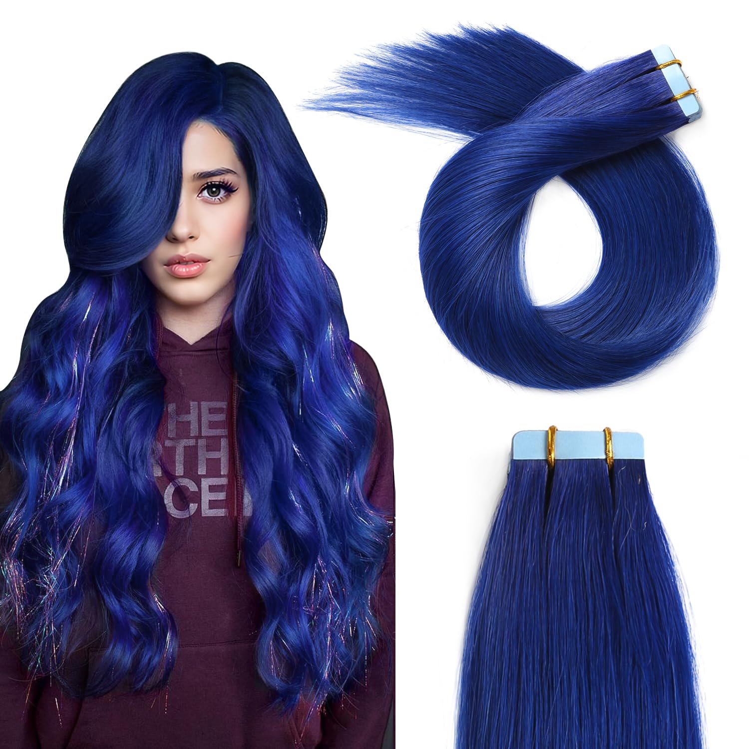 Yilite 20Pieces/Pack Blue Tape In Hair Extensions Human Hair 20Inch 50G Blue Tape In Human Hair Extensions Seamless Skin Weft Ta