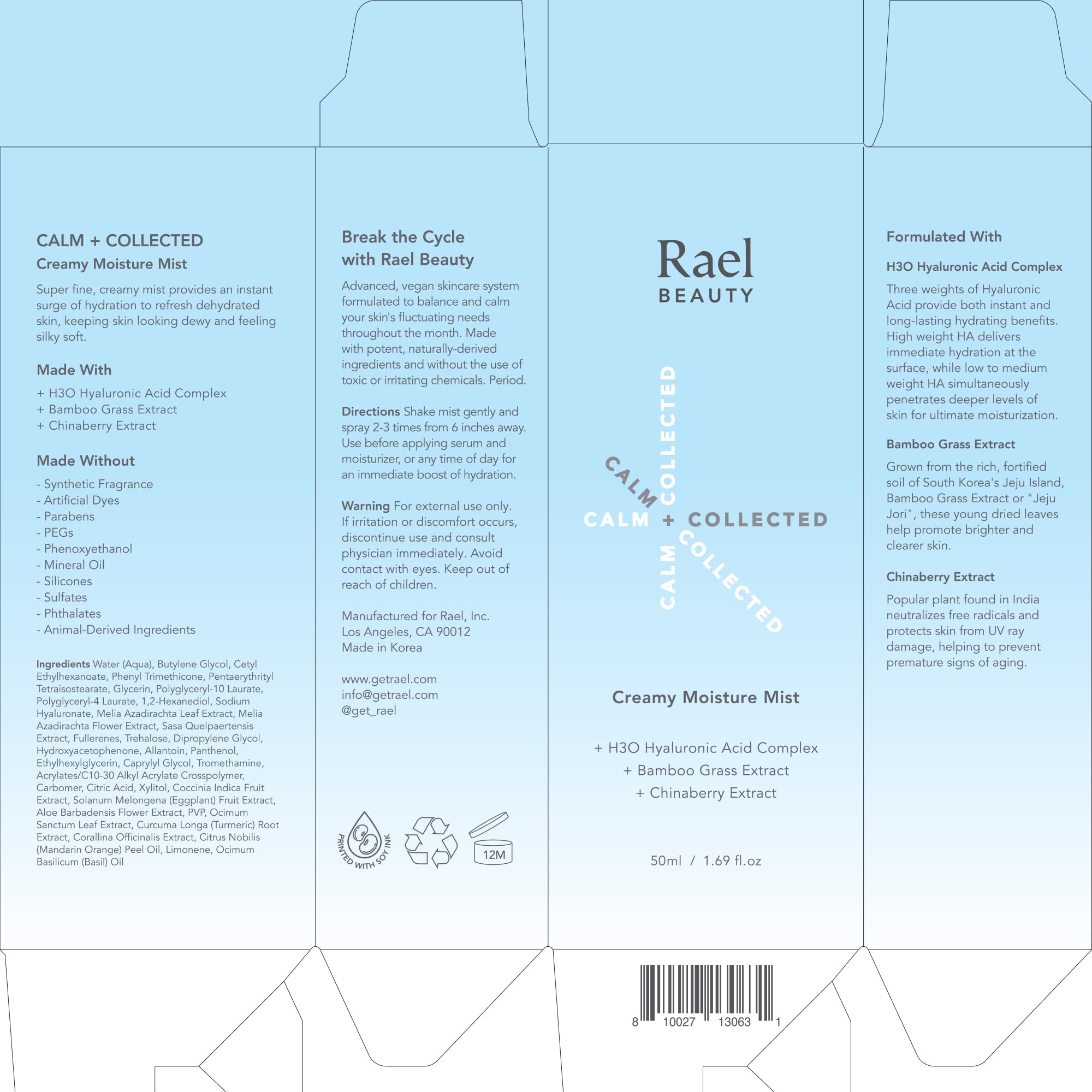 Rael Skin Care, Creamy Moisture Facial Mist Spray - Hydrating Facial Spray, Korean Skincare, All Skin Types, with Hyaluronic Aci
