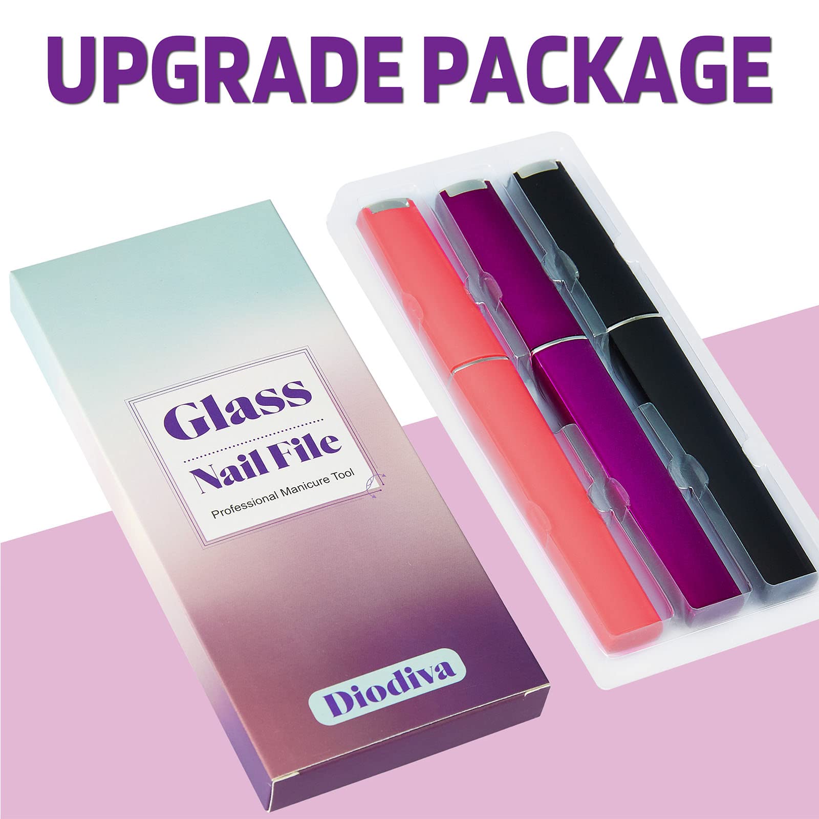 Diodiva 3 Pack Crystal Glass Fingernail File Set, Double-Sided, Purple, Model QT2013-GNF2, Gentle Nail Care Gifts for Women