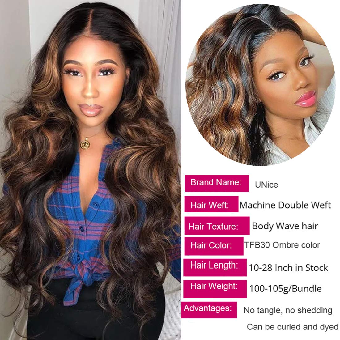 Unice Ombre Brown Highlight Body Wave Human Hair Weave 1 Bundle 16 Inch, Brazilian Remy Hair Dark Root Blonde Human Hair Weaves