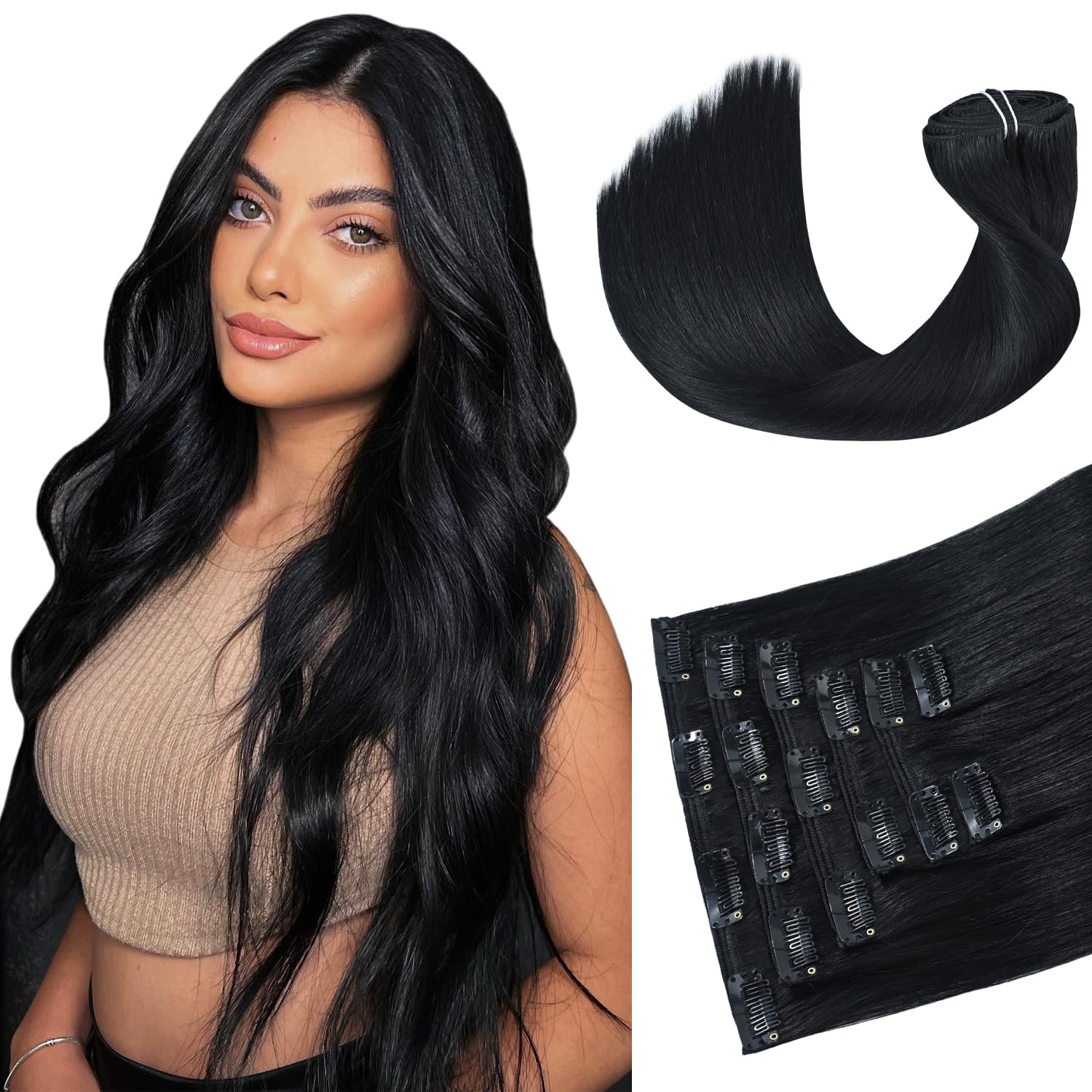 HUAYI Black Clip in Hair Extensions Real Human Hair 14 Inch 120g #1 Jet Black Hair Extensions Clip ins Human Hair Natural Hair E