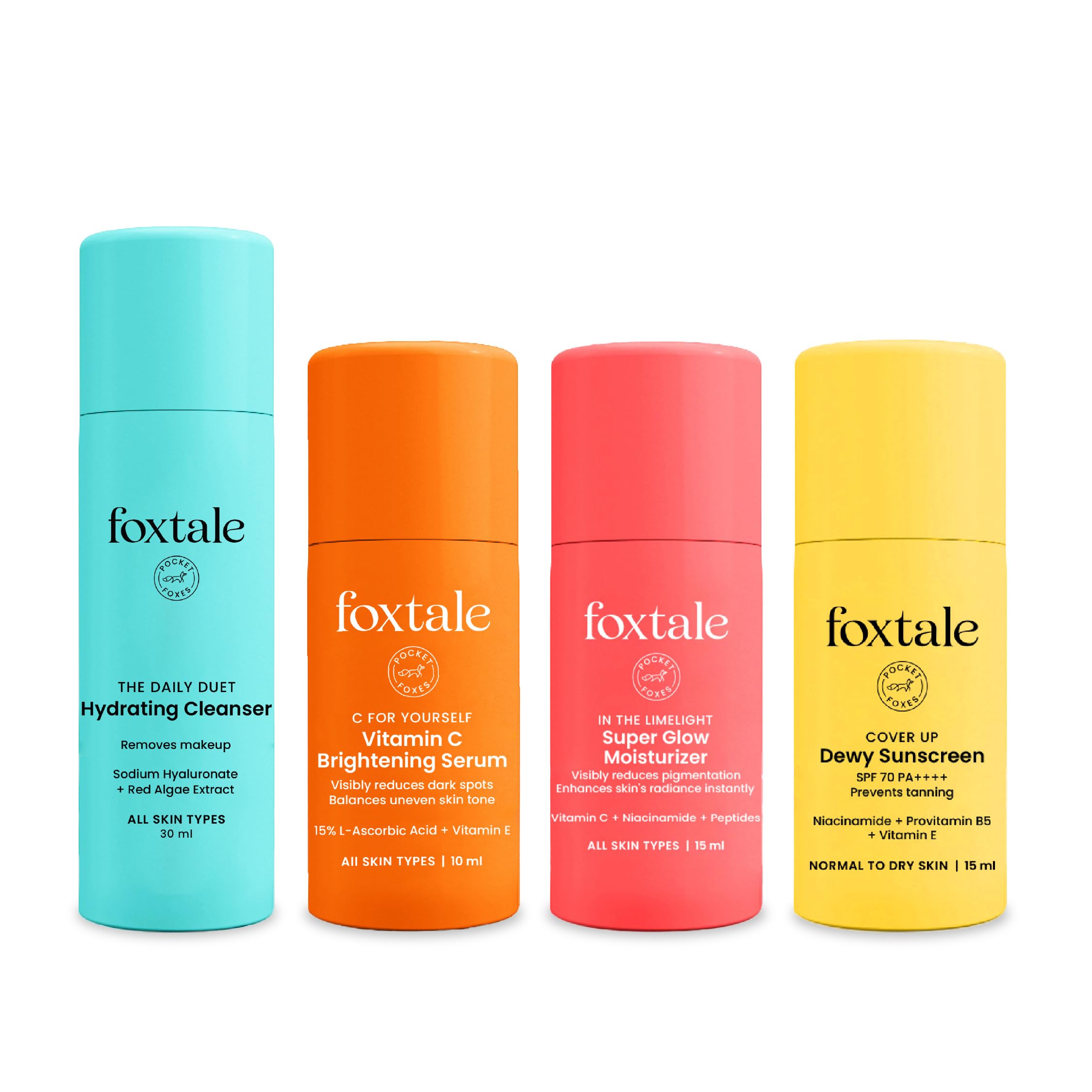 Foxtale Glow Essentials Combo | Hydrating Face Wash + 15% Vitamin C Serum + Super Glow Moisturizer + Spf 70 Dewy Sunscreen | Cle