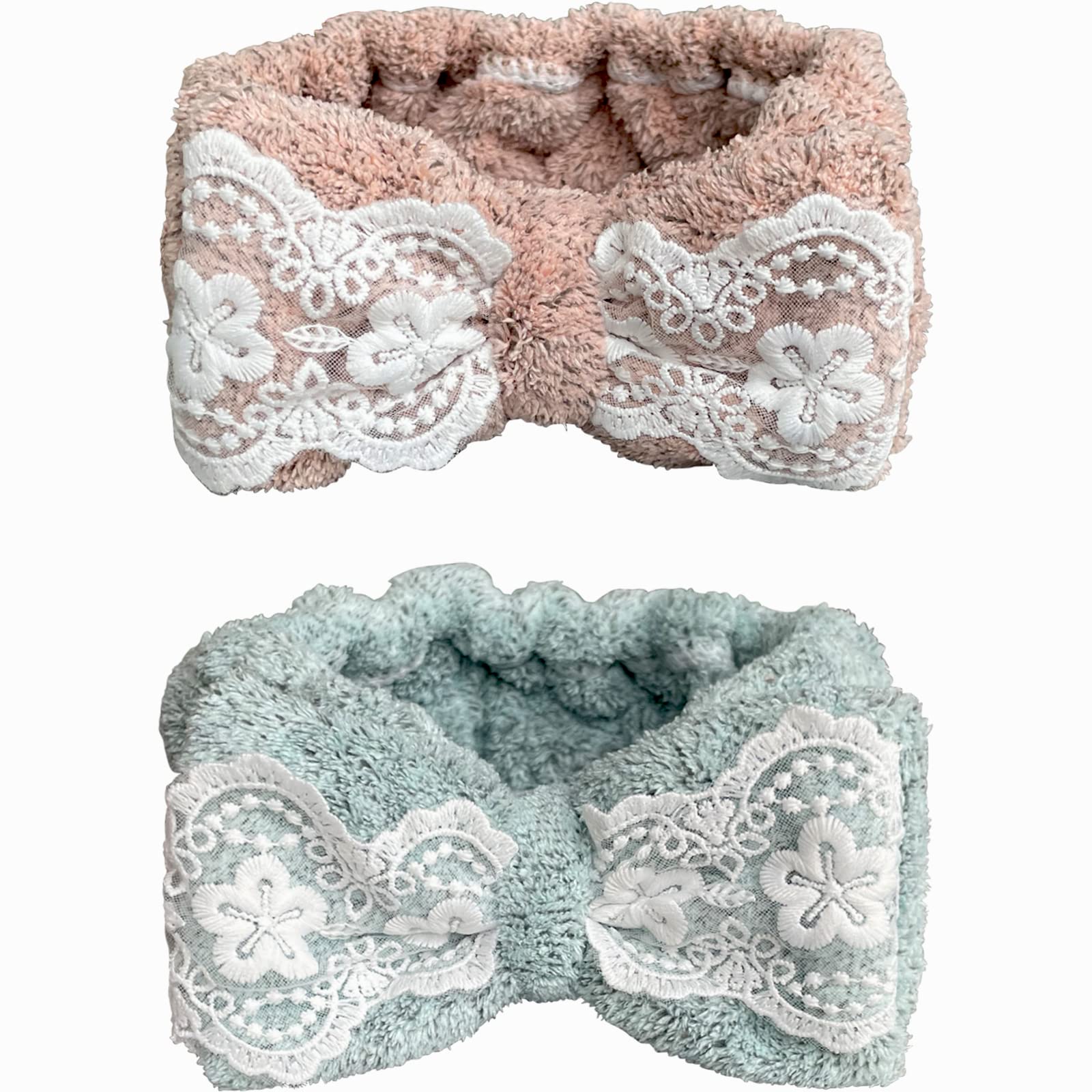 Udebe 2Pcs Towel Headbands For Women, Lace Bowtie Headband For Washing Face Makeup Spa Headband, Bamboo Fiber Shower Headband Fo