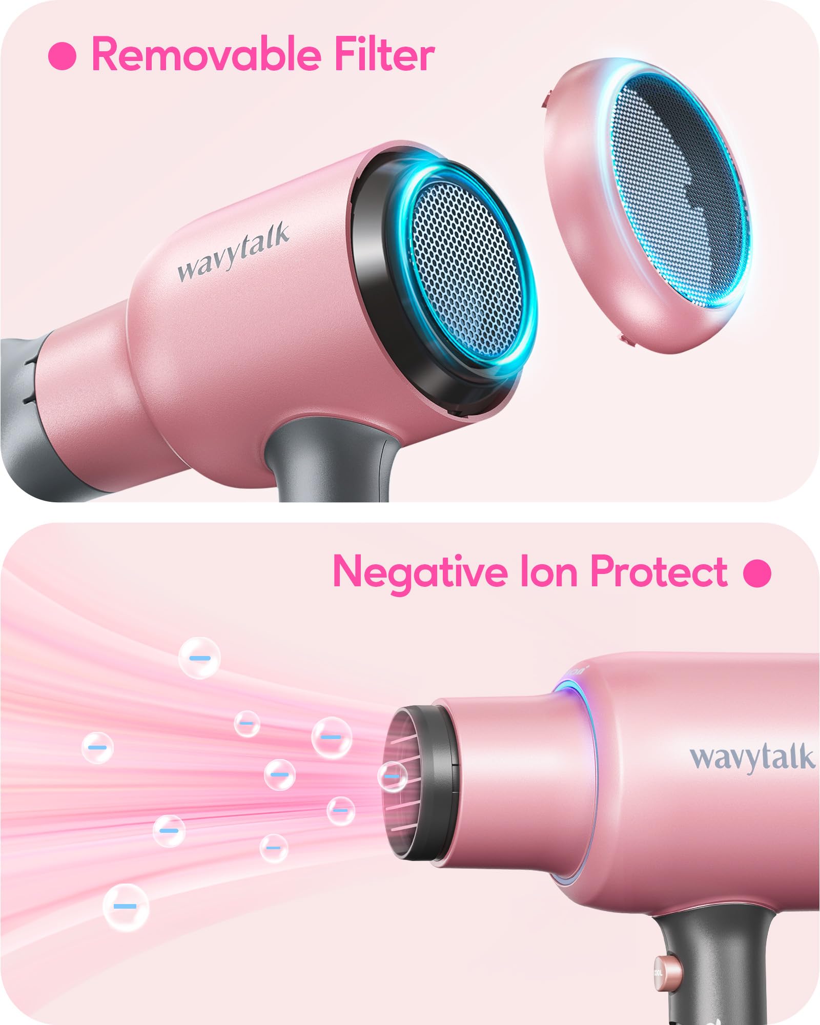 Wavytalk Ionic Hair Dryer Blow Dryer with Diffuser & Comb for Curly Hair Professional 1875W High Power Dryer with Ceramic Techno
