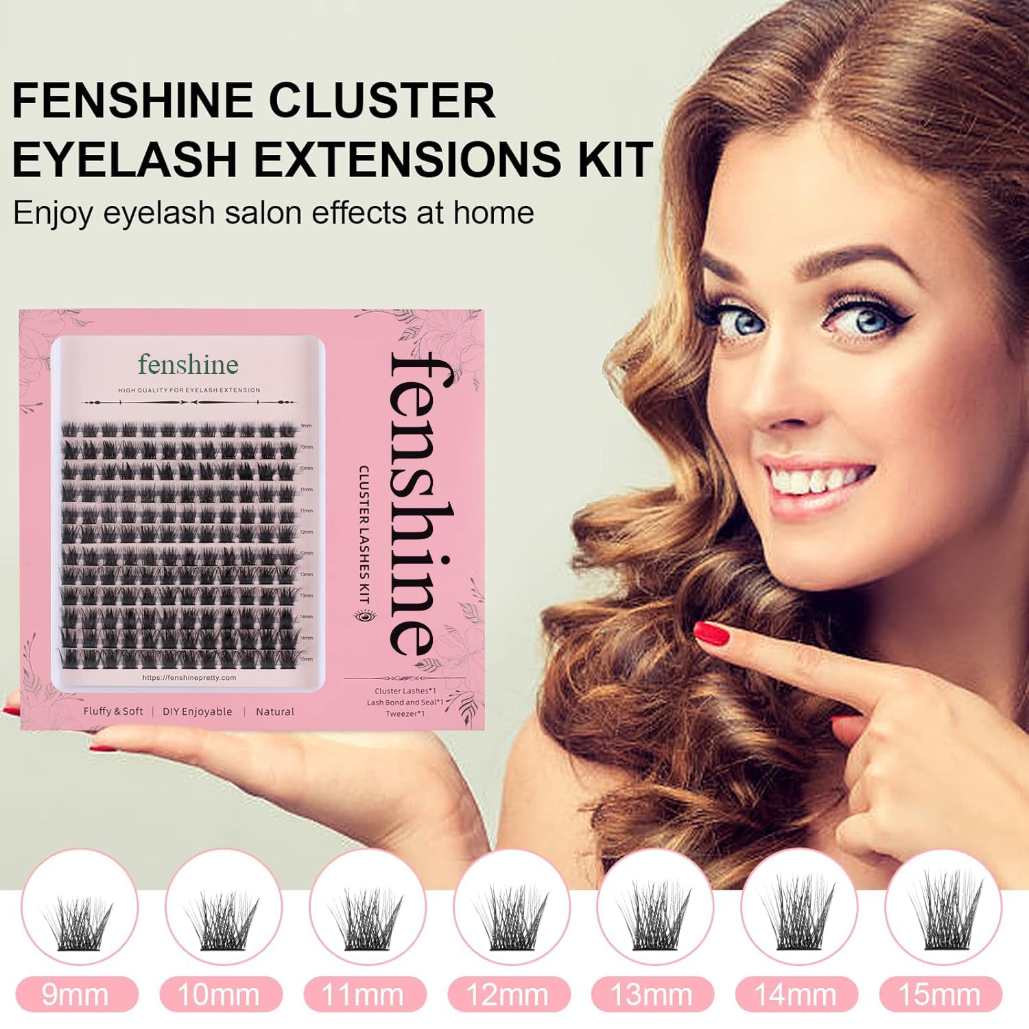 Fenshine Cluster Lashes Extensions Kit, 144 Pcs Individual Lashes Extension Kit with Lash Bond & Seal and Applicator, Wide Stem