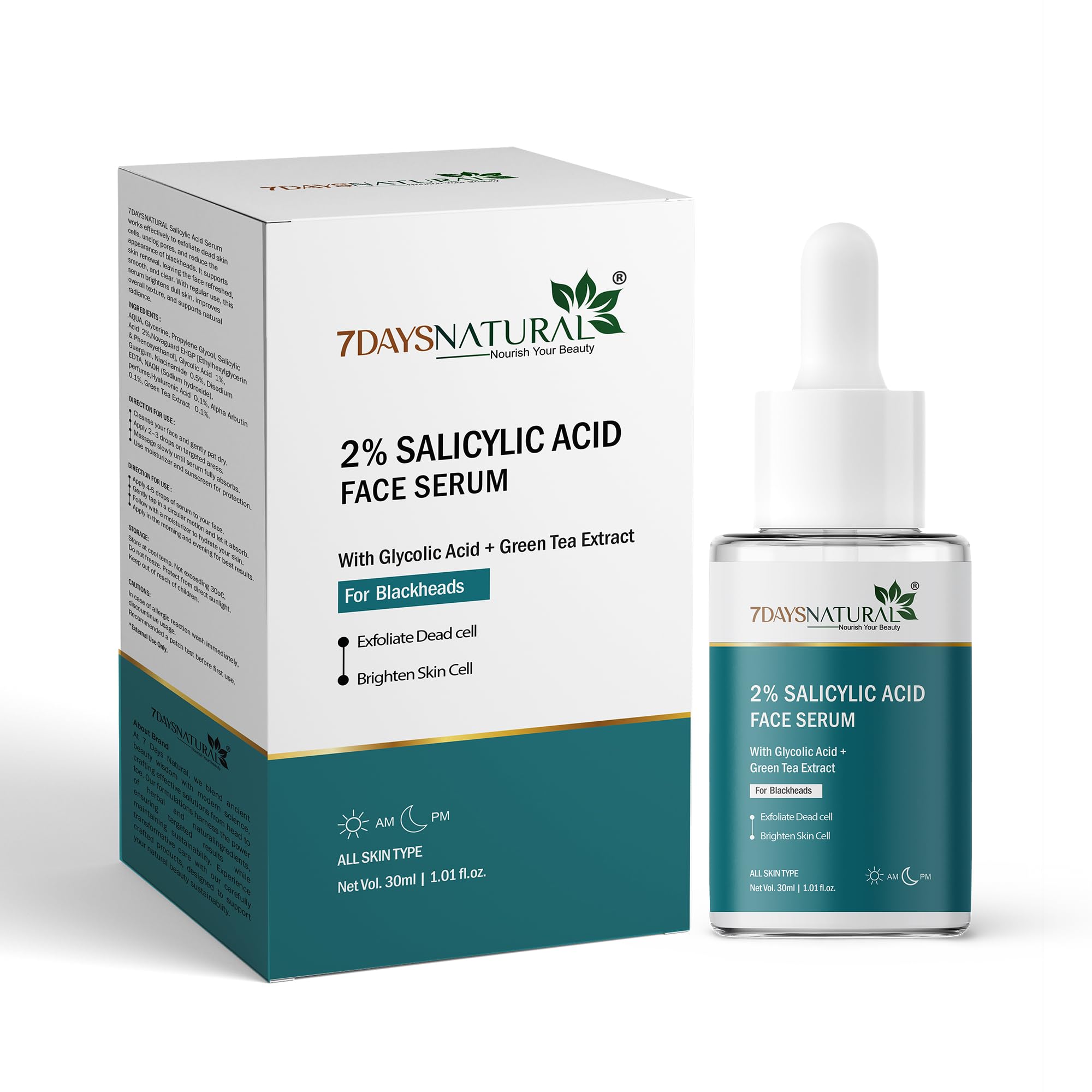 7Daysnatural Salicylic Acid Face Serum | Reduces Acne & Blackheads | Tightens Pores | Exfoliates & Soothes Inflammation | 30 Ml