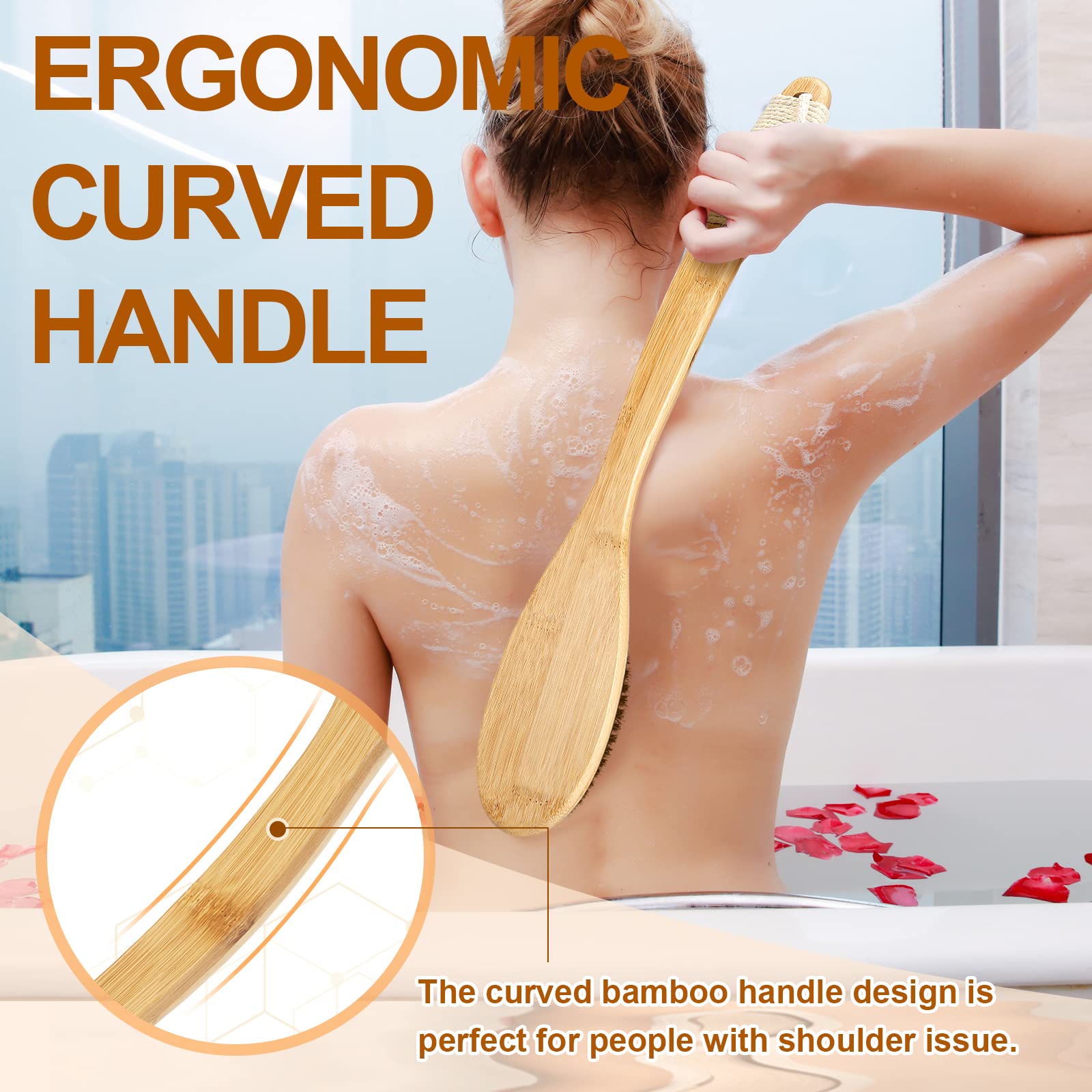 eaxun Exfoliating Back Scrubber - 16.7" Bamboo Body Brush with Natural Bristles for Wet/Dry Use, Ideal Bath Tool for Men & Women