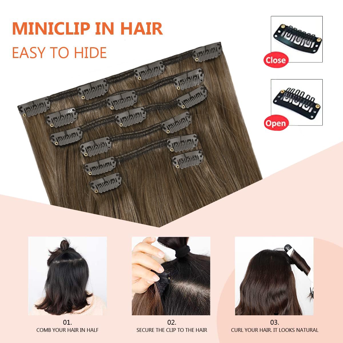 UGOTRAYS Ash Brown Clip in Hair Extensions Real Human Hair, 70G Remy Human Hair Clip in Extensions 15 Inches Soft Silky Straight