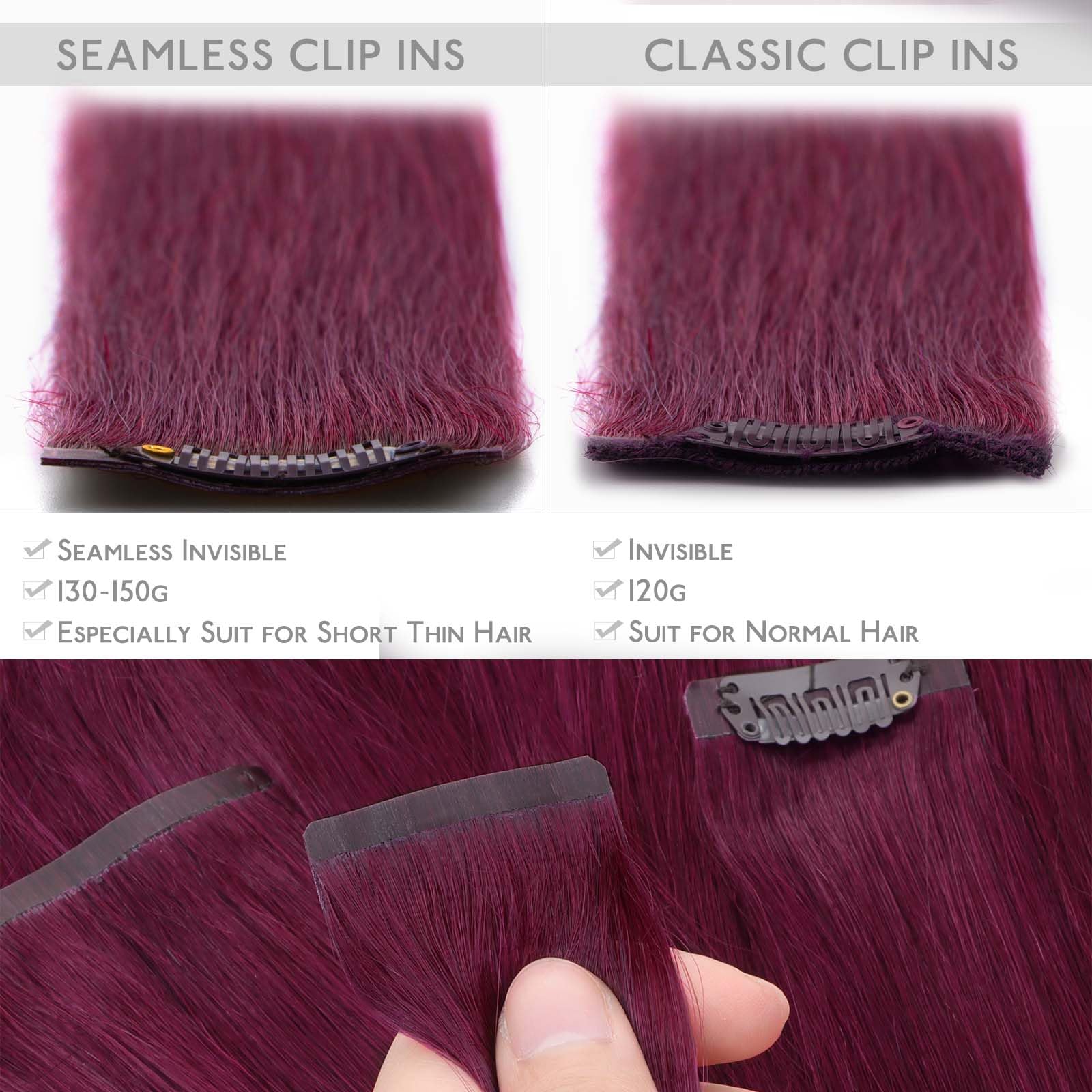 Wennalife Seamless Clip In Hair Extensions Human Hair, 18 Inch 130G 7Pcs Light Burgundy Real Hair Extensions Clip In Human Hair