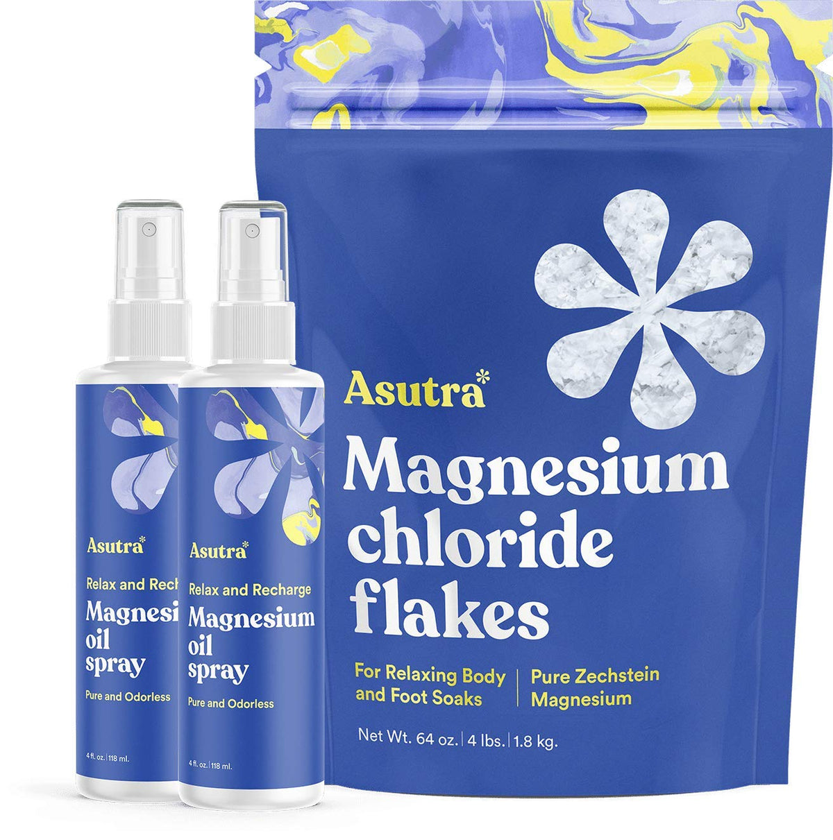 Asutra Topical Magnesium Bundle, 4 Fl Oz Magnesium Oil Spray (Pack Of 2), 4 Lb Bag Of Magnesium Chloride Bath Flakes, Rapid Abso
