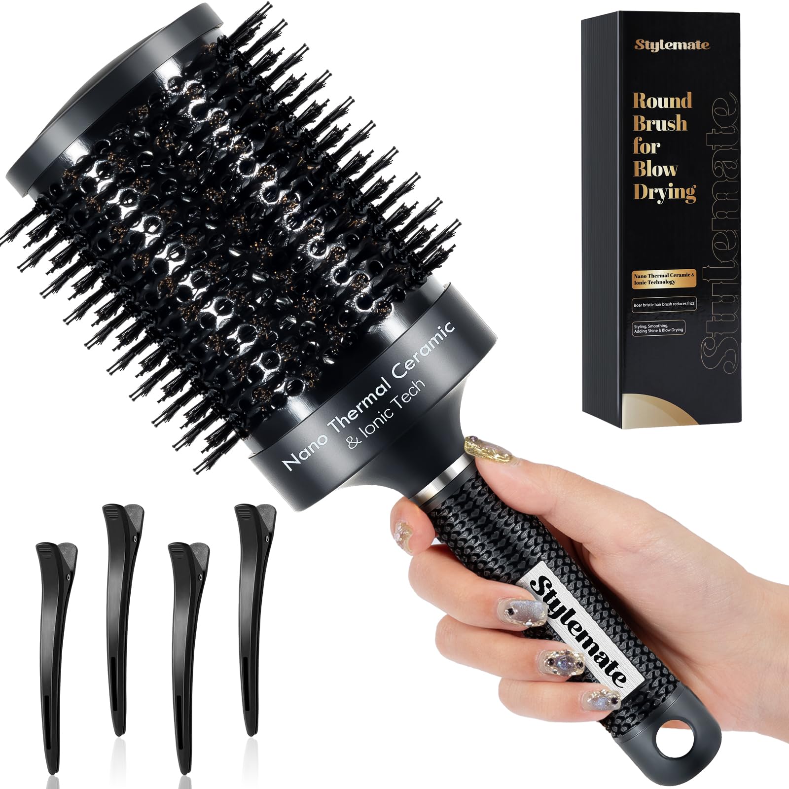 STYLEMATE Round Brush, Nano Thermal Ceramic & Ionic Tech Round Barrel Roller Hair Brush with Boar Bristles for Blow Drying, 4 Fr