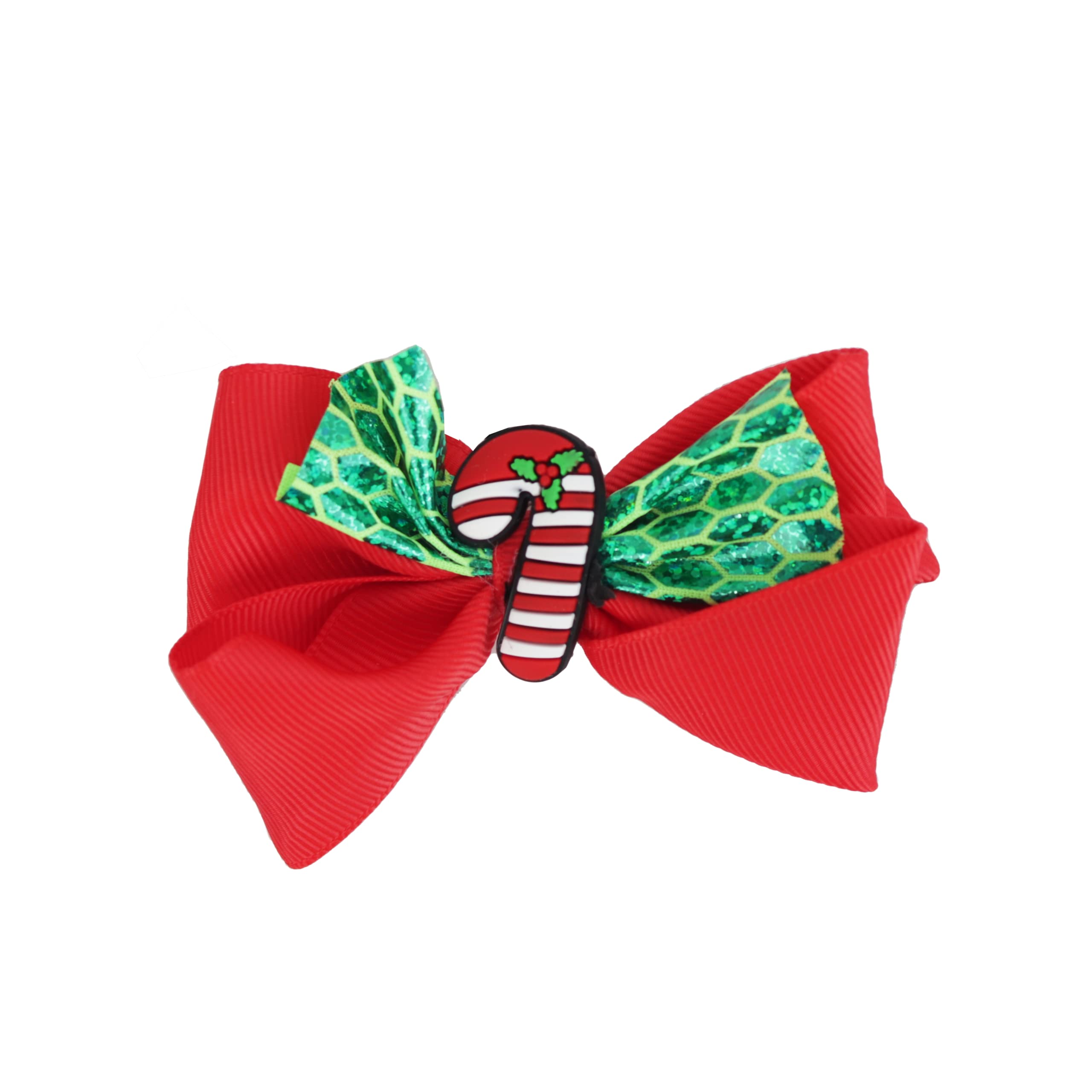 Hair Bow Printed Christmas Bow with Silicone Charm - Green Layer Candy Cane