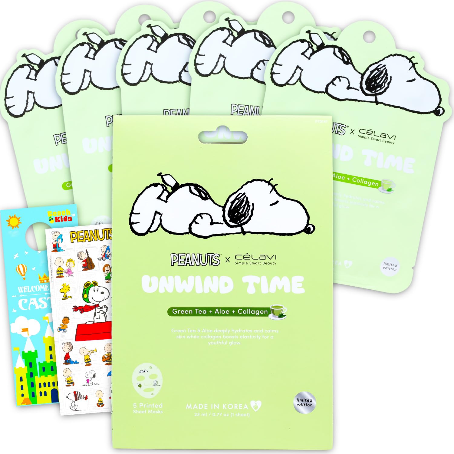 Peanuts x Celavi Face Mask 5 Pack  Bundle with 5 Snoopy Sheet Masks Made in Korea with Green Tea, Aloe, & Collagen for Hydratio