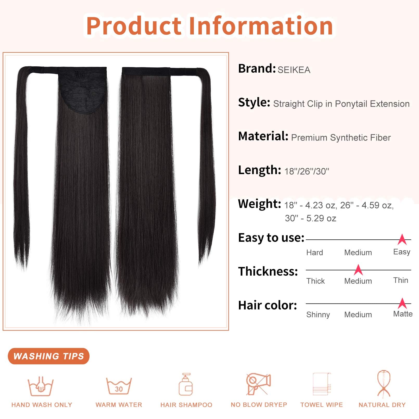 Seikea Ponytail Extension Clip In Wrap Around Long Straight Pony Tail Hair Synthetic Hairpiece For Women 26 Inch Black Brown