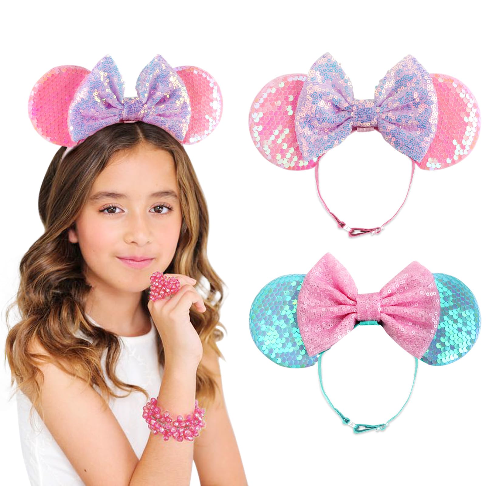DRESHOW Minnie Ears Headbands Mouse Ears Sequin Bow Headbands Elastic Adjustable Headband Glitter Party Decoration Cosplay Costu