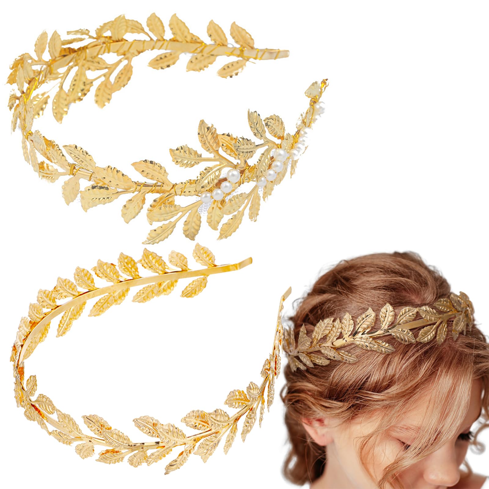 2 Pcs Greek Gold Color Leaf Headbands Goddess Crown Bridal Headband Baroque Vintage Golden Olive Leaves Hair Loop for Wedding Ha