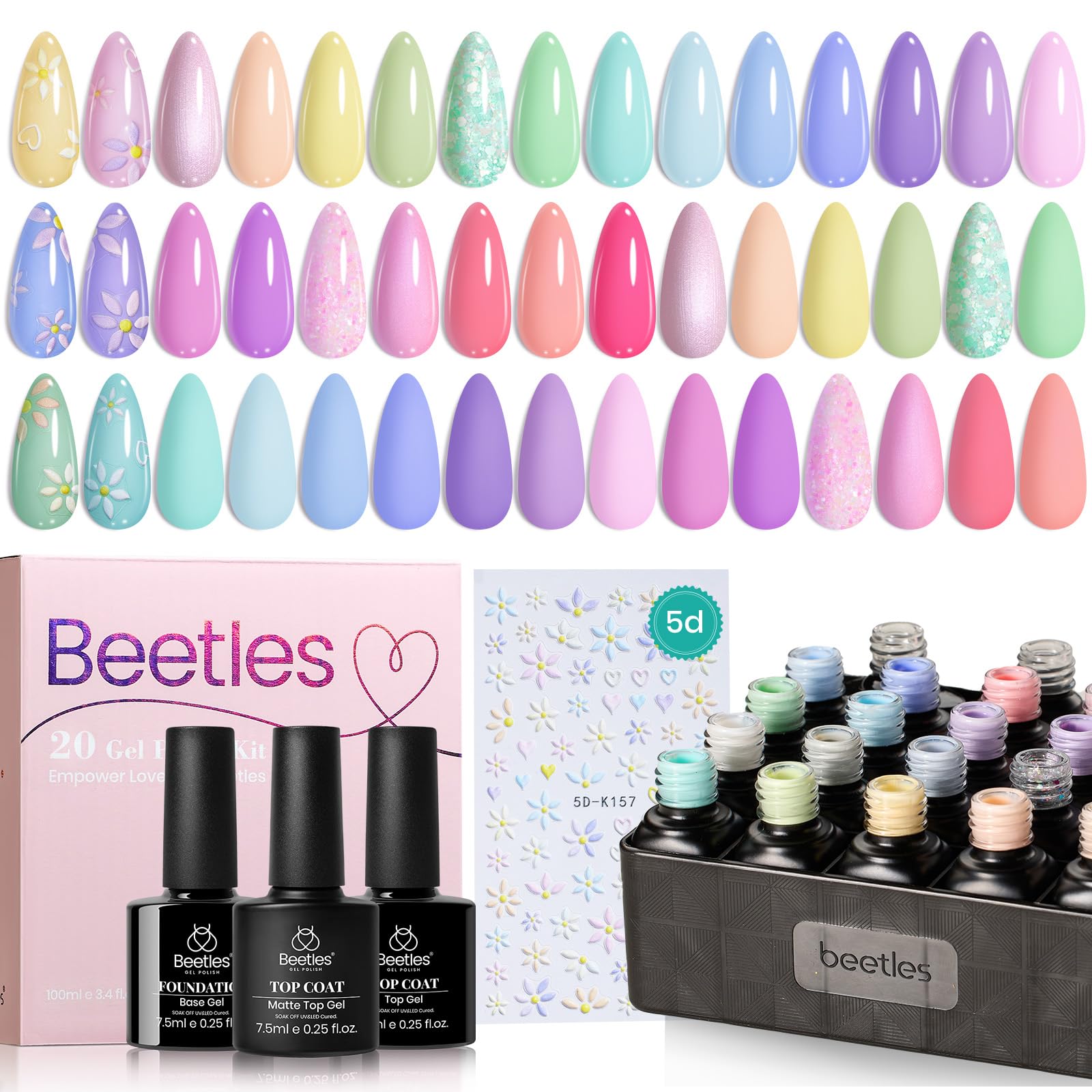 Beetles Pastel Gel Nail Polish Kit,20 Color Spring Macaron Colors Bright Pink Green Nail Art Spring Gel Polish Set with Base Gel