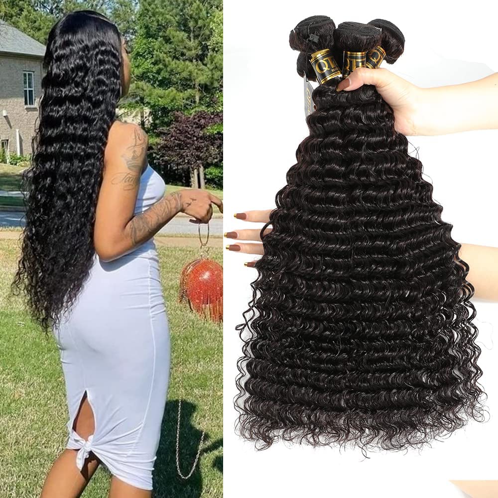 Qthair 14A 28Inch Long Human Hair Bundles Deep Wave Brazilian Virgin Hair Deep Wave Bundles Human Hair Deep Wave Bundles 100% Un
