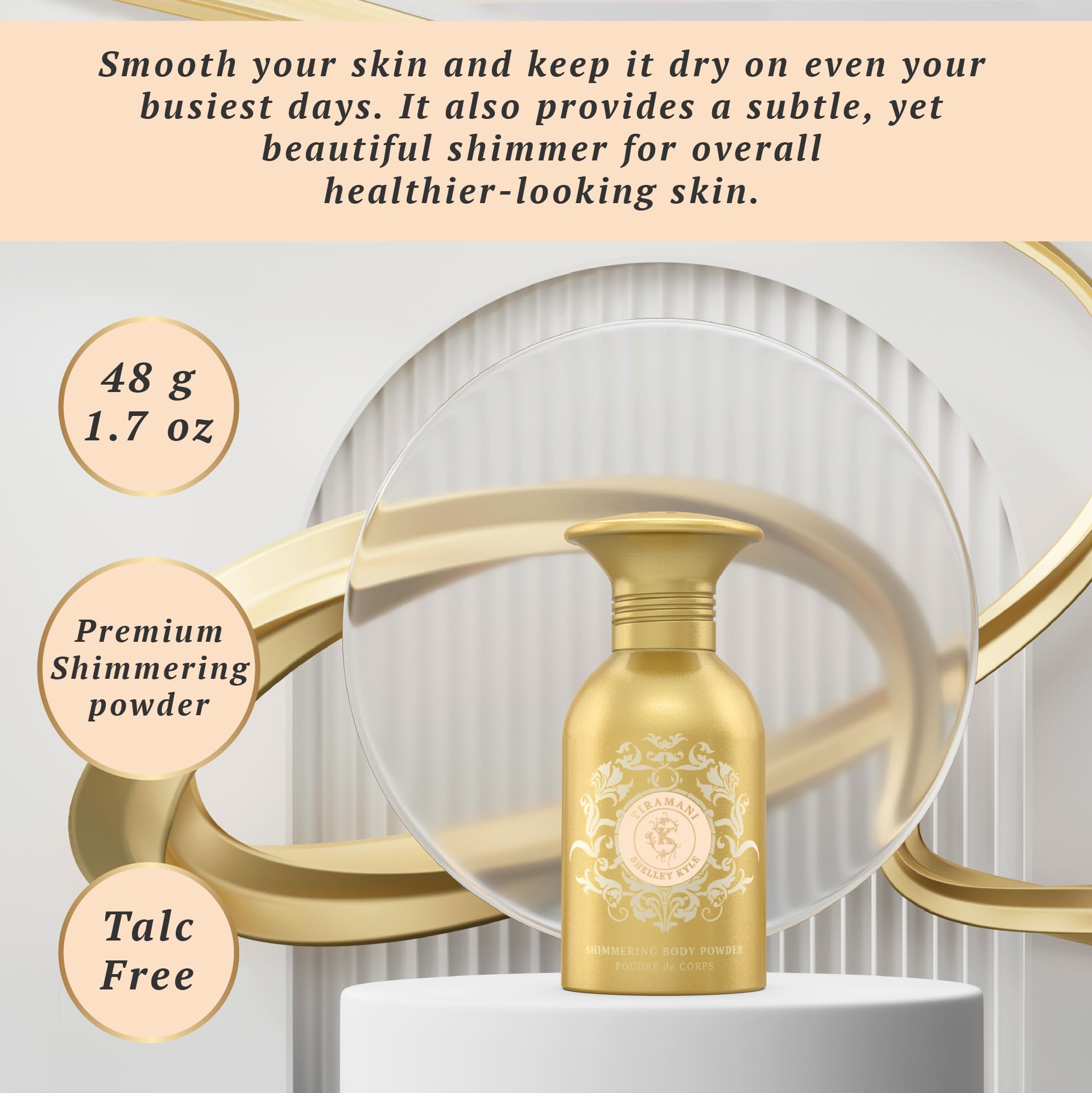 Shelley Kyle Tiramani Talc Free Shimmer Powder, Body Powder, Dusting Powder, Leaves Skin Soft, Dry, Smooth, and Shimmering, 48g
