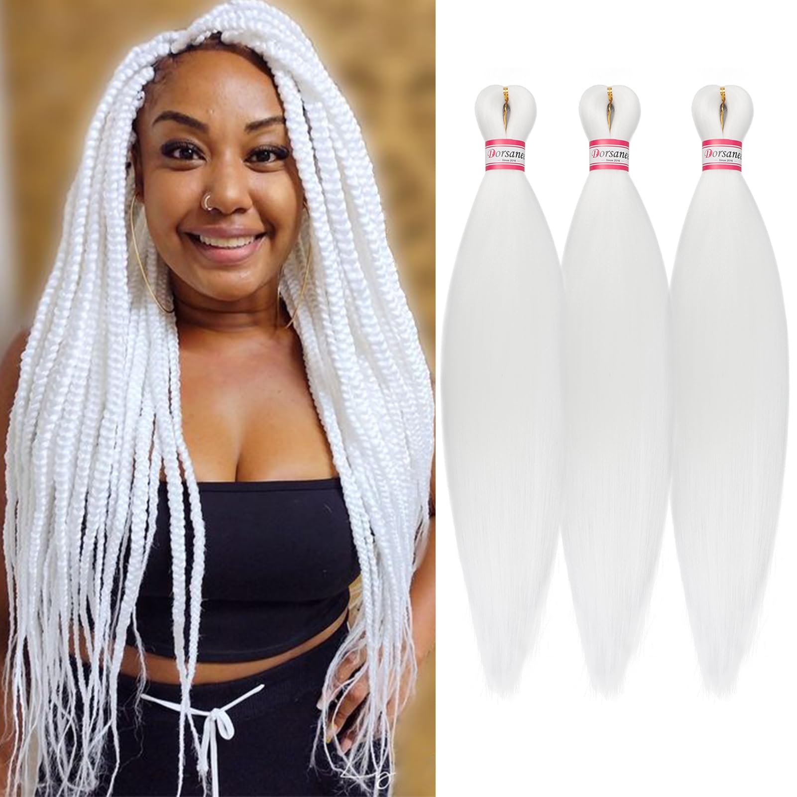 Dorsanee White Braiding Hair Pre Stretched 20 Inch 3 Packs Professional Easy Braiding Hair For Crochet Braids Twists Locs Hair S