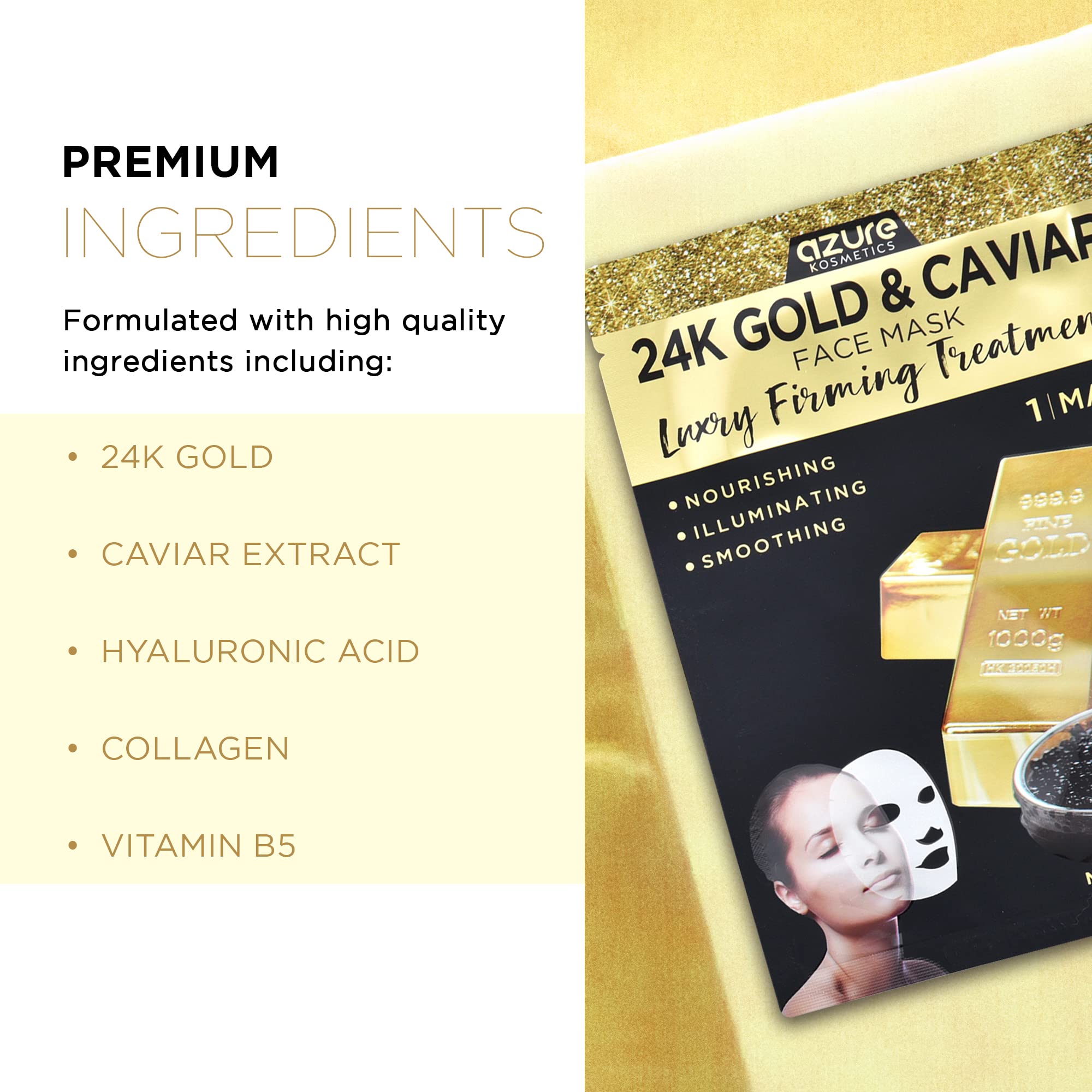 AZURE 24K Gold and Caviar Anti Aging Luxury Face Mask - Hydrating & Firming Facial Mask - Helps Reduce Wrinkles & Fine Lines - W