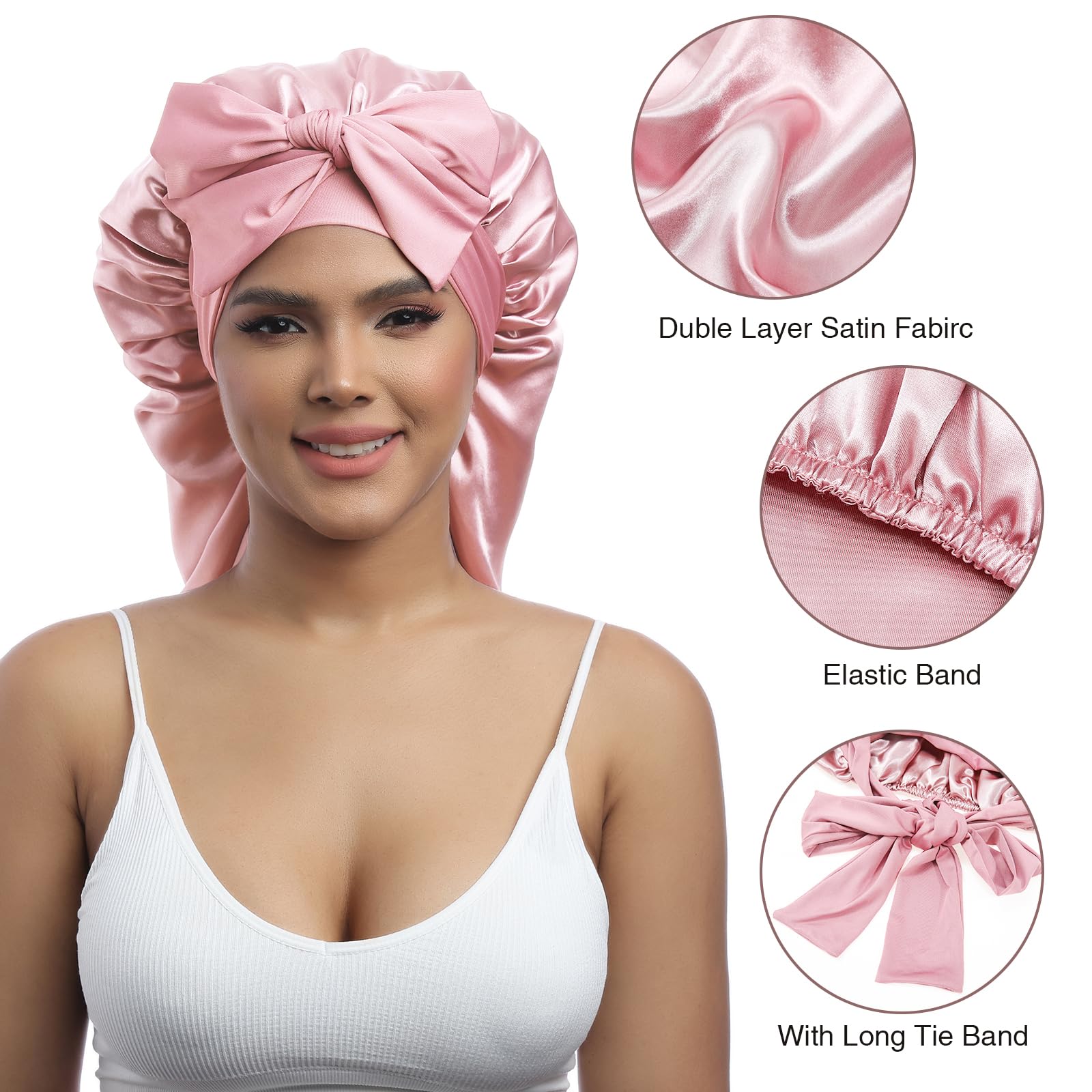 Awaytr Long Satin Bonnet For Women - Double Layer Elastic Silk Bonnet For Braids Hair Sleeping Cap With Tie Band (Pink)