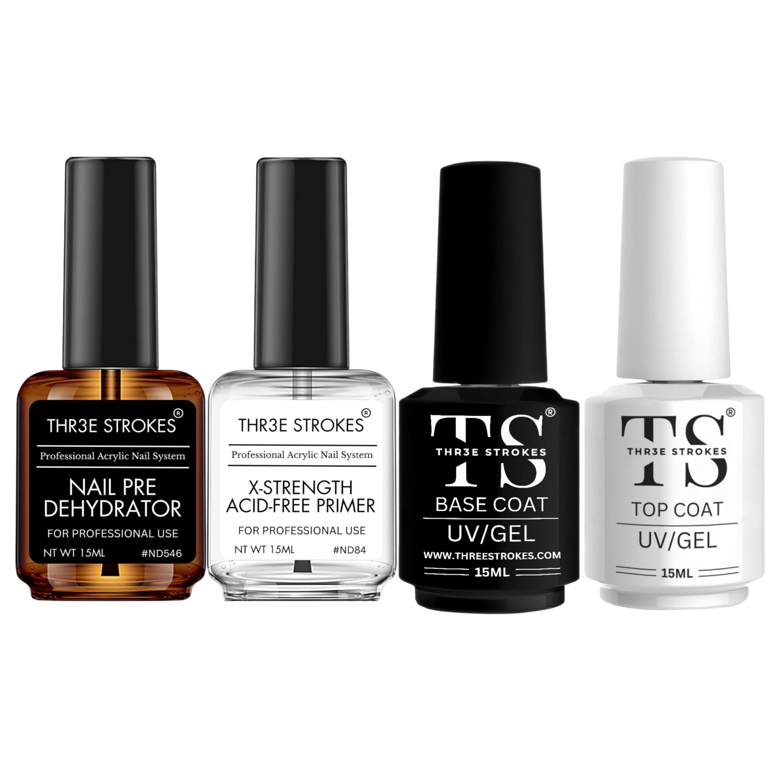 Thr3E Strokes Nail Dehydrator And Primer With Gel Base & Top Coat Set, Acid Free Acrylic Nail Supplies Primer Glossy Gel Nail Po