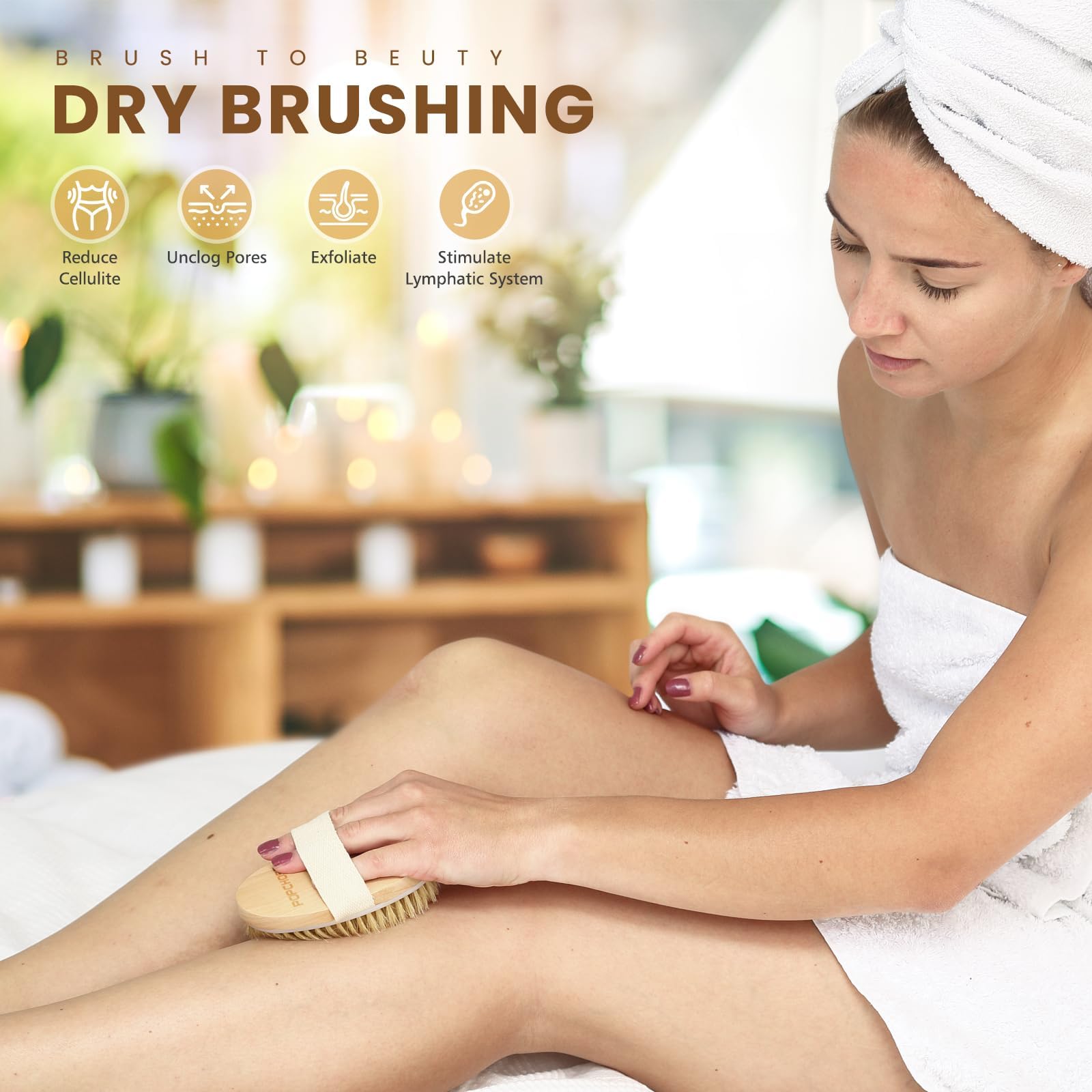 Popchose Dry Brushing Body Brush, Natural Bristle Dry Skin Exfoliating Brush Body Scrub For Flawless Skin, Cellulite Treatment,