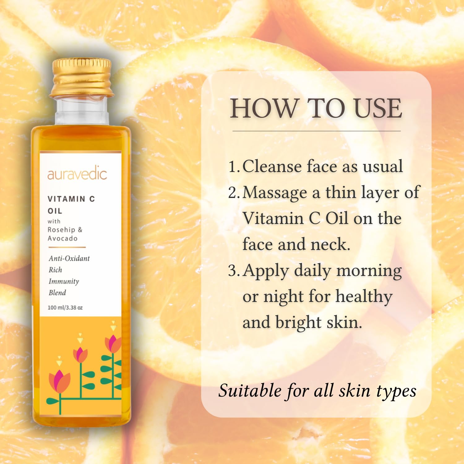 Auravedic Vitamin C Face Oil | with Rosehip, Avocado and Vitamin E | Natural & Organic Skin Moisturizer | Ayurvedic Facial Massa