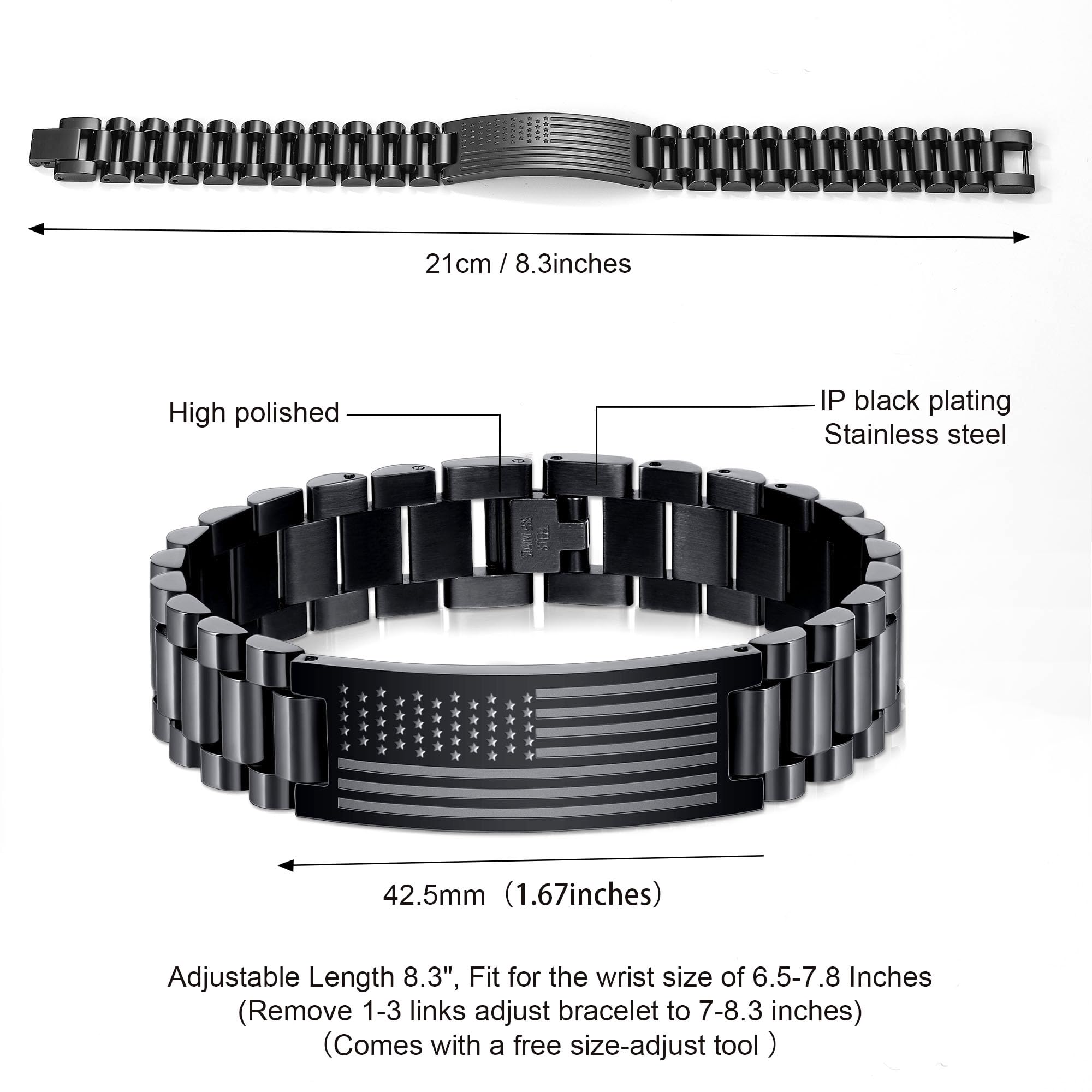 P.BLAKE American Flag Bible Verse Watch Link Bracelet for Men, Stainless Steel Engraved American Flag Yappy Daily Bible Verse Sc