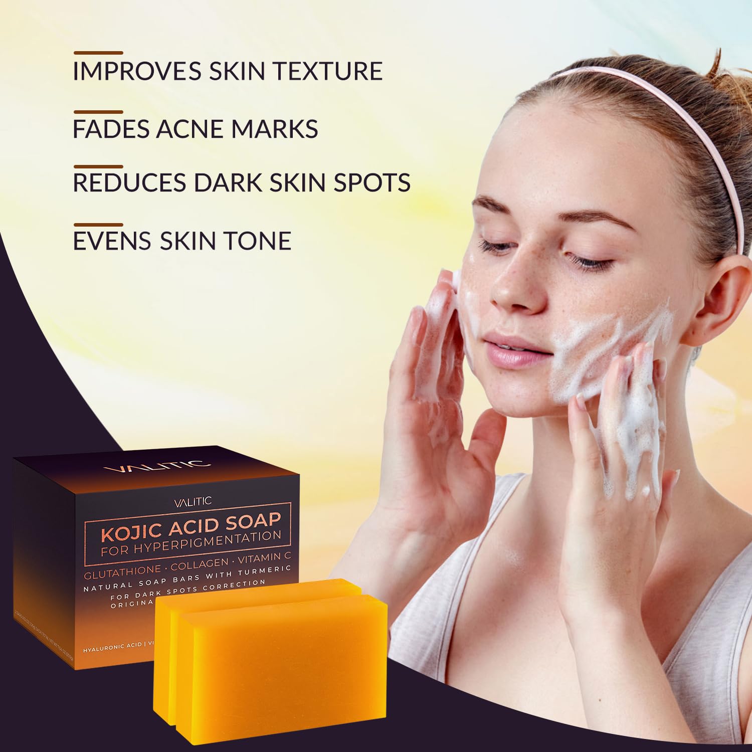 Valitic Kojic Acid Soap For Hyperpigmentation - With Glutathione, Collagen & Vitamin C - Natural Soap Bars With Turmeric - Origi