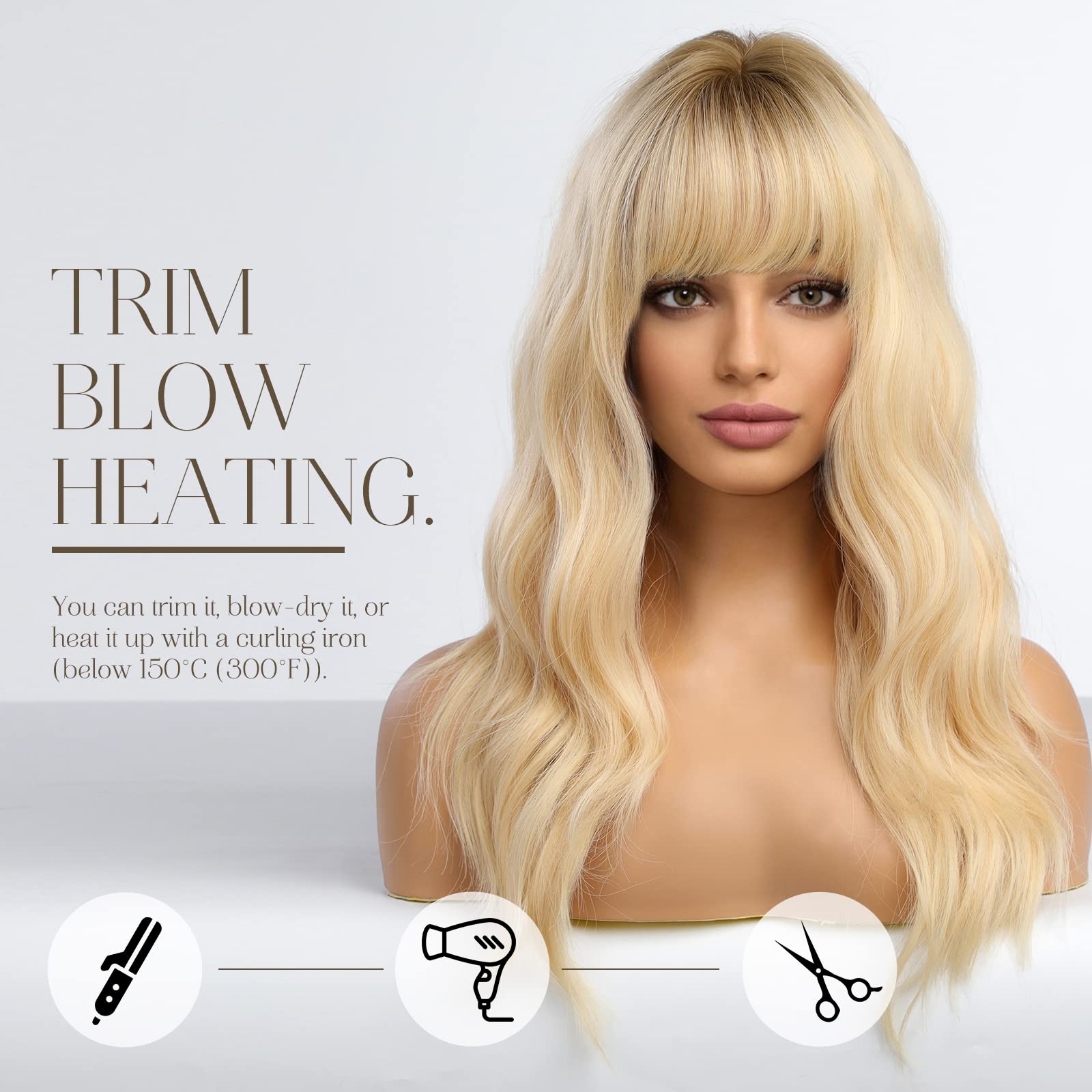 HAIRCUBE Long Wave Blonde Wigs With Bangs,Ombre Blonde Curly Wigs for Women Heat Resistant Synthetic Wigs