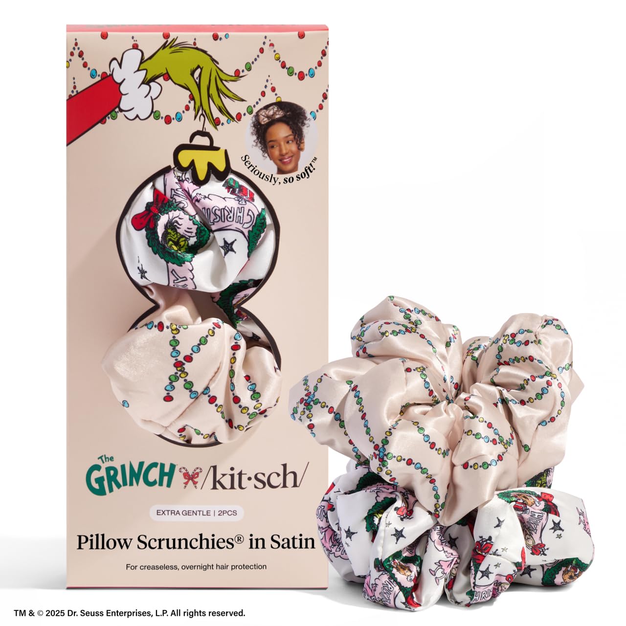 The Grinch x Kitsch Pillow Satin Scrunchies for Women - Hair Ties No Damage, No Crease Hair Accessories | For Day or Night Use |