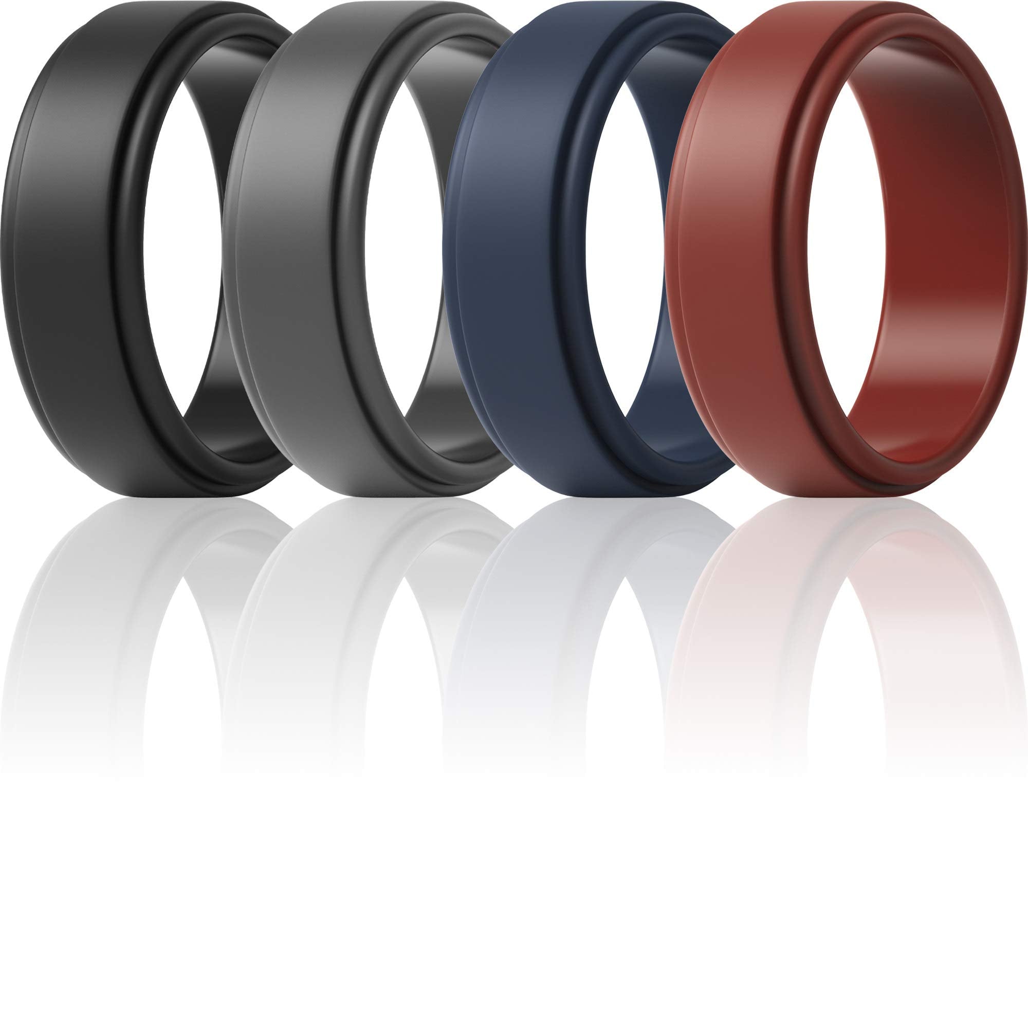 ThunderFit Silicone Wedding Rings for Men - 4 Rubber Engagement Bands - 8mm Width - 2mm Thickness (Black, Dark Grey, Navy Blue, 