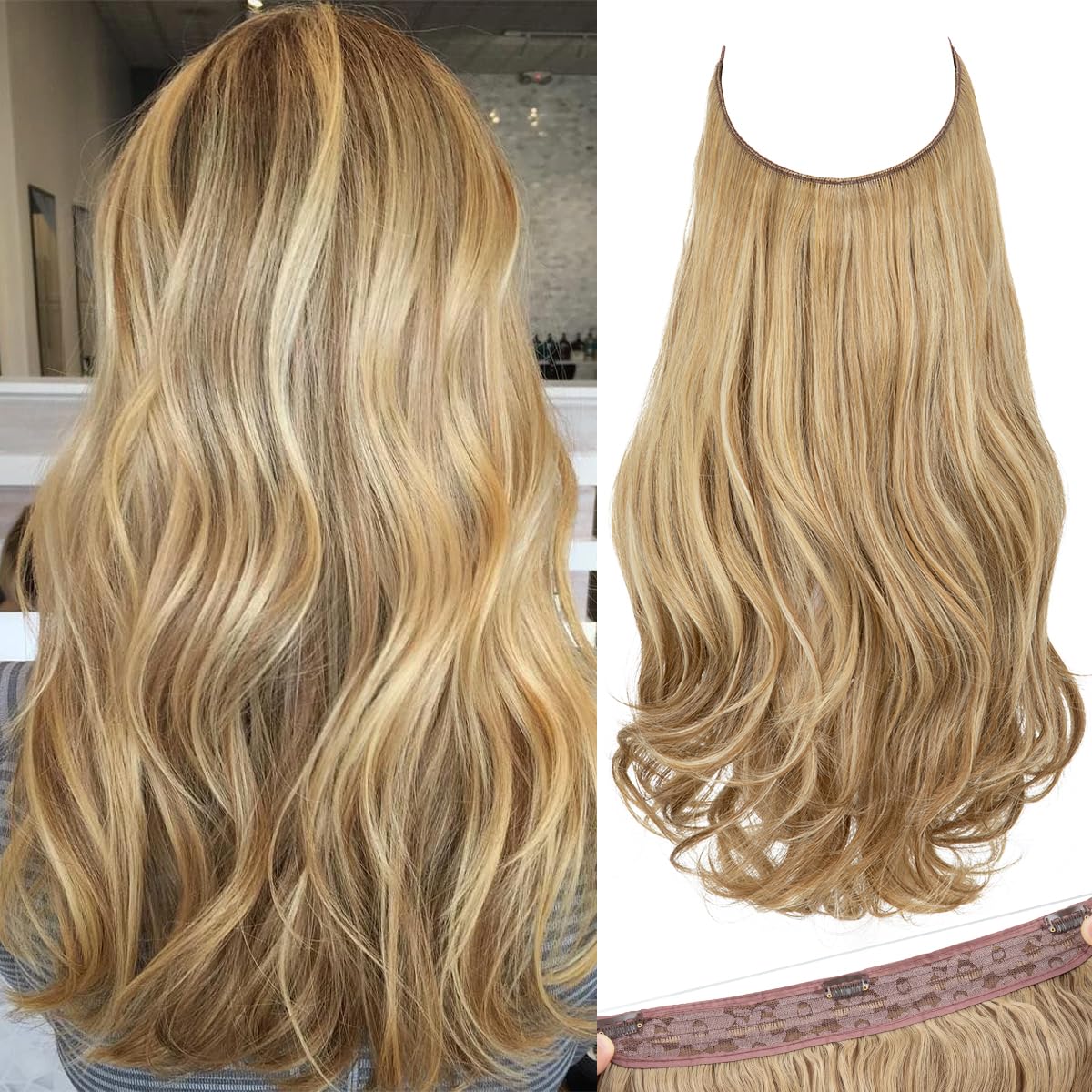 SARLA Invisible Wire Hair Extensions with 3 Clips Long Wavy Curly Synthetic Hairpiece for Women Adjustable Transparent Headband 