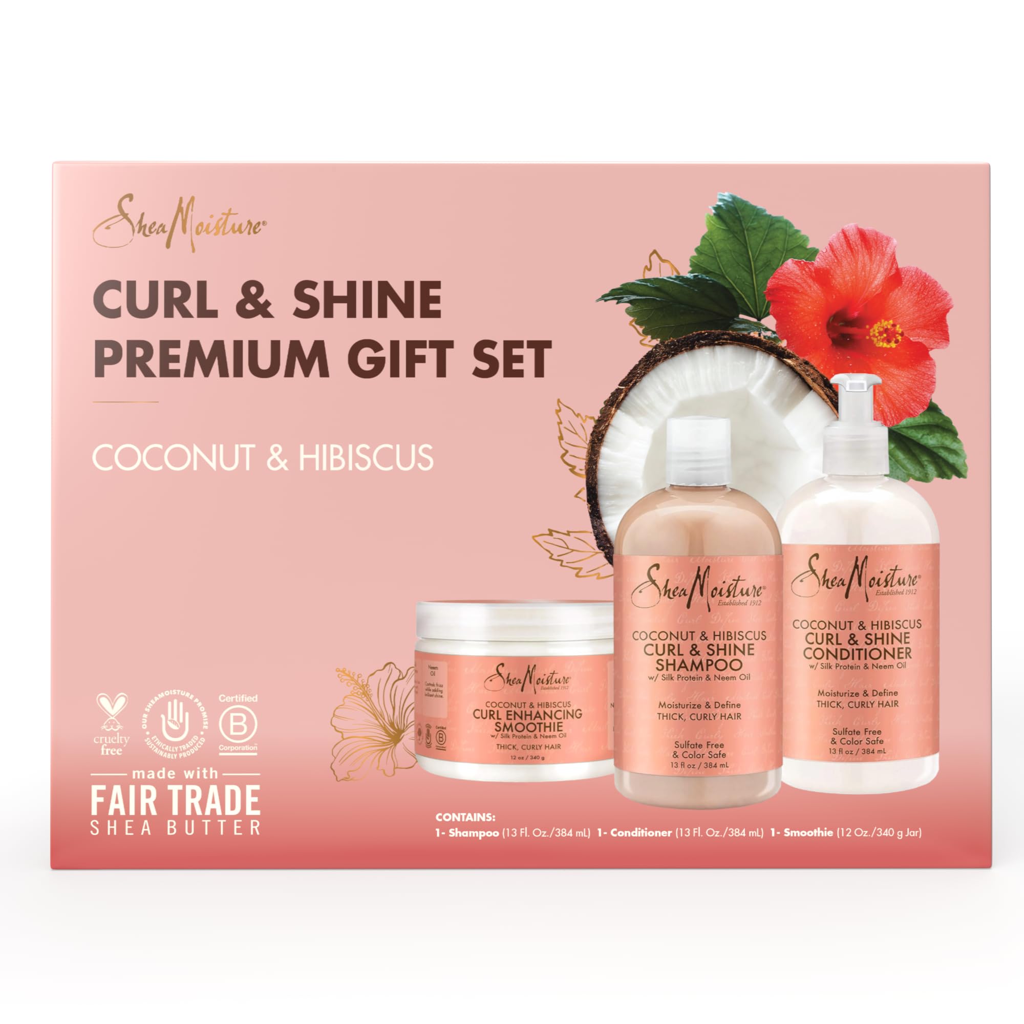 SheaMoisture Coconut & Hibiscus Curl Trio: Includes Curl & Shine Shampoo and CONDITIONER, Curl Enhancing Smoothie with Box