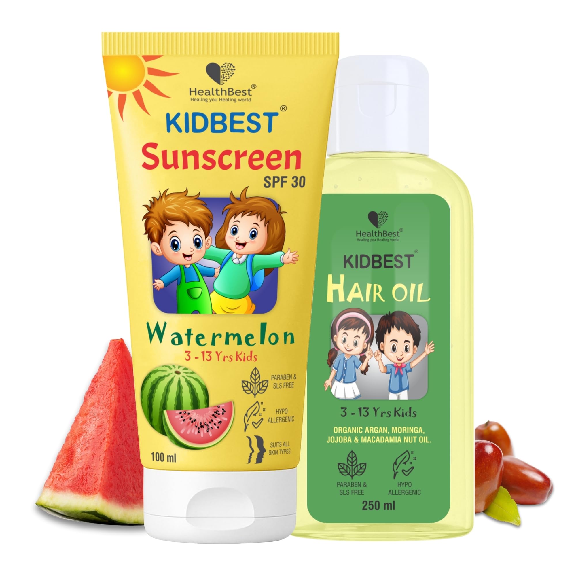 Healthbest Kids Watermelon Sunscreen Spf 30 Pa+++ 100Ml & Hair Oil 250Ml Combo For 3-13 Years | Uv Protection & Prevents Tanning