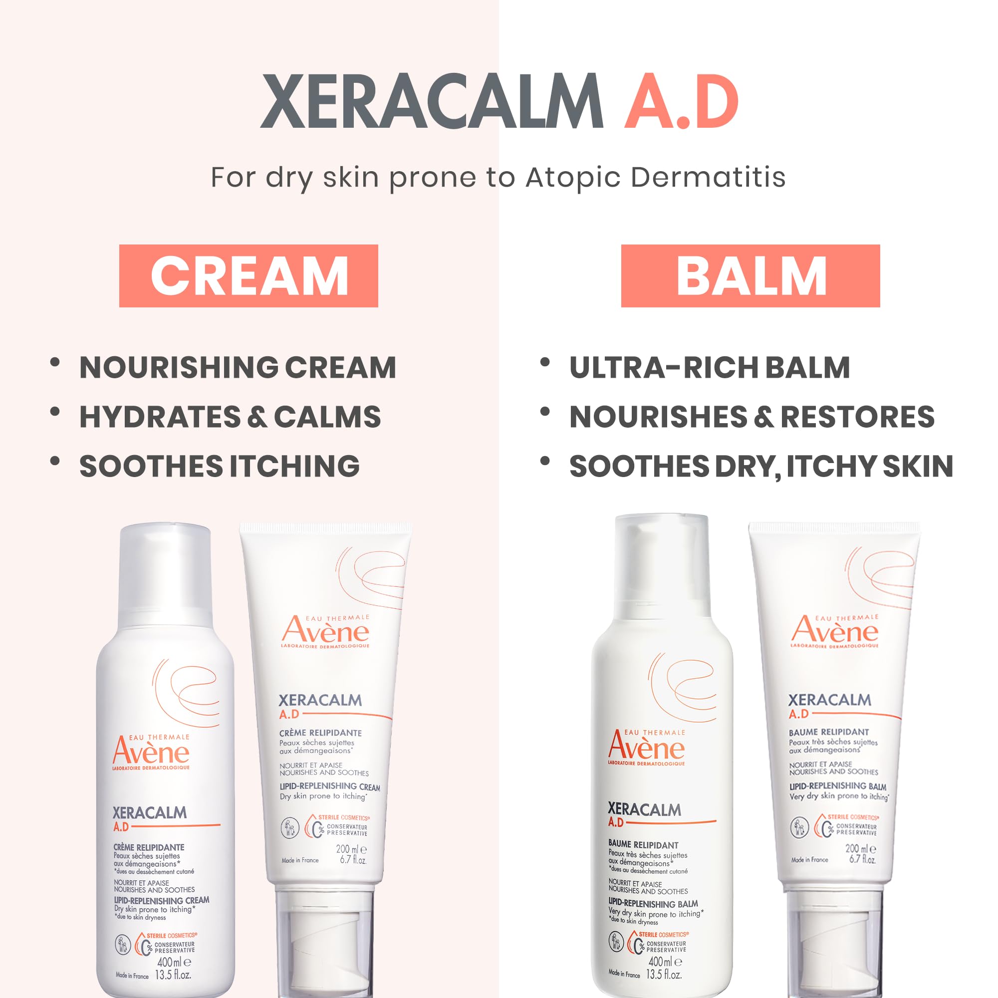 Eau Thermale Avane Xeracalm Ad Lipid-Replenishing Cream, Atopic Dermatitis, Eczema-Prone, No Preservatives, Fragrance-Free, Pump