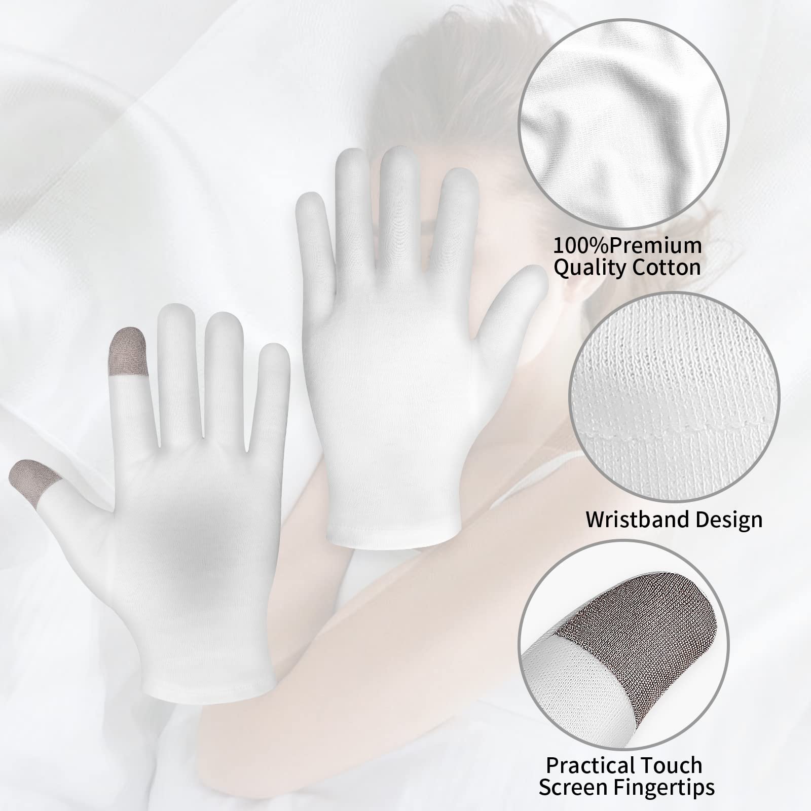 4 Pairs Touch Screen Moisturizing Gloves White Cotton Moisturizing Gloves Overnight Bedtime Heal Eczema Sleeping Lotion Hand Spa