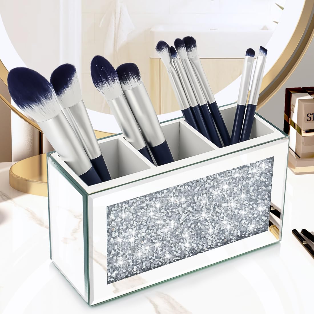 Amezey Mirrored Makeup Brush Holder Organizer, 3 Compartments Cosmetic Brush Storage Holders, Crushed Diamond Remote control hol