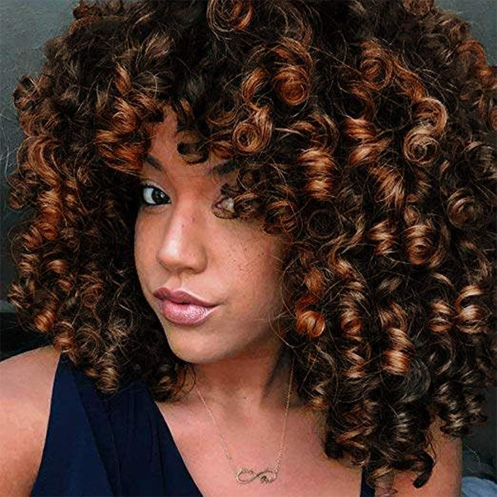 rosmile Curly Wigs for Black Women - Ombre Brown Synthetic African American Full Kinky Curly Afro Hair Wig with Bangs