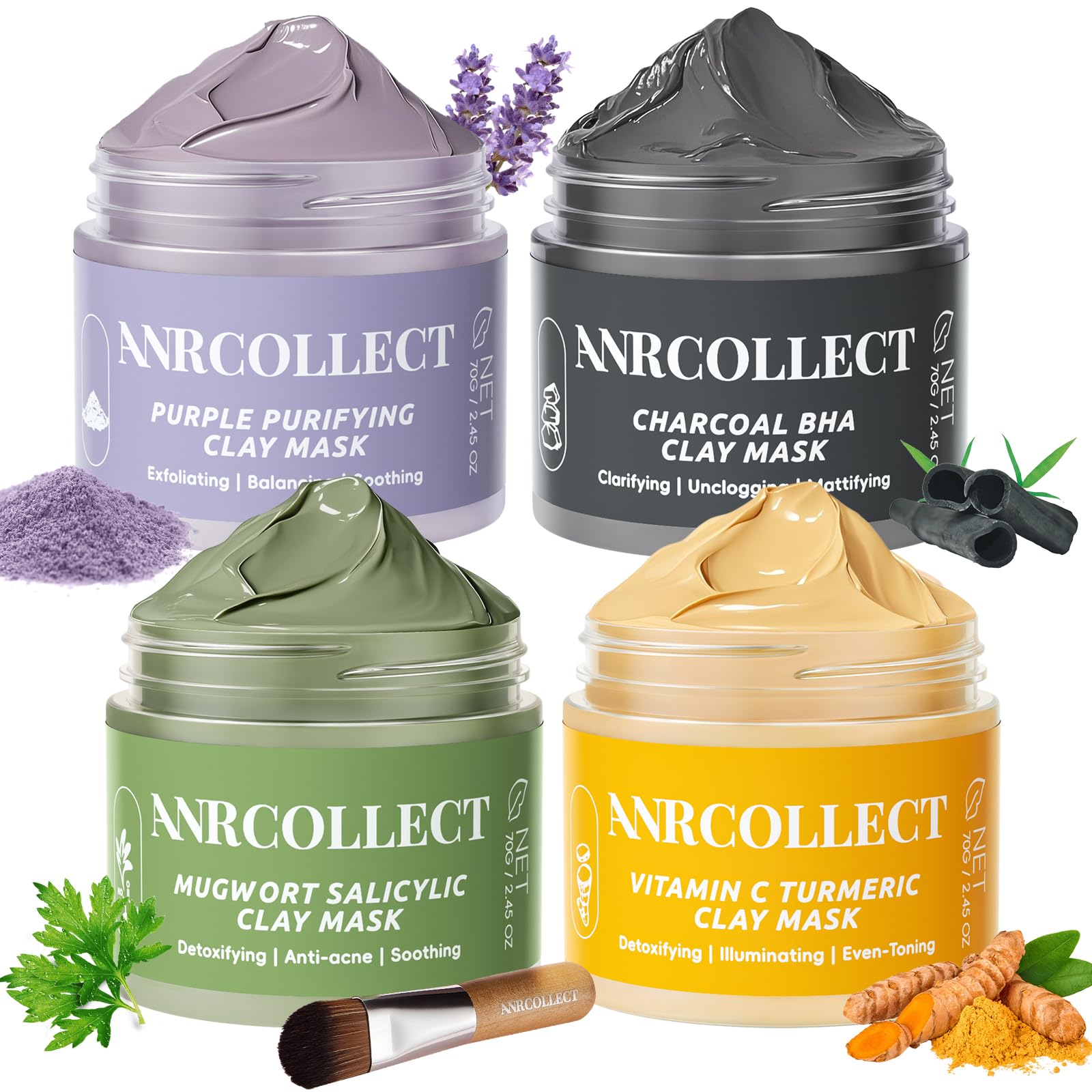 ANRCOLLECT Face Mask Set, 4Pcs Clay Mask, Face Masks Skin Care with Vitamin C, Charcoal, Mugwort and Purple Clay, Skincare Gift 