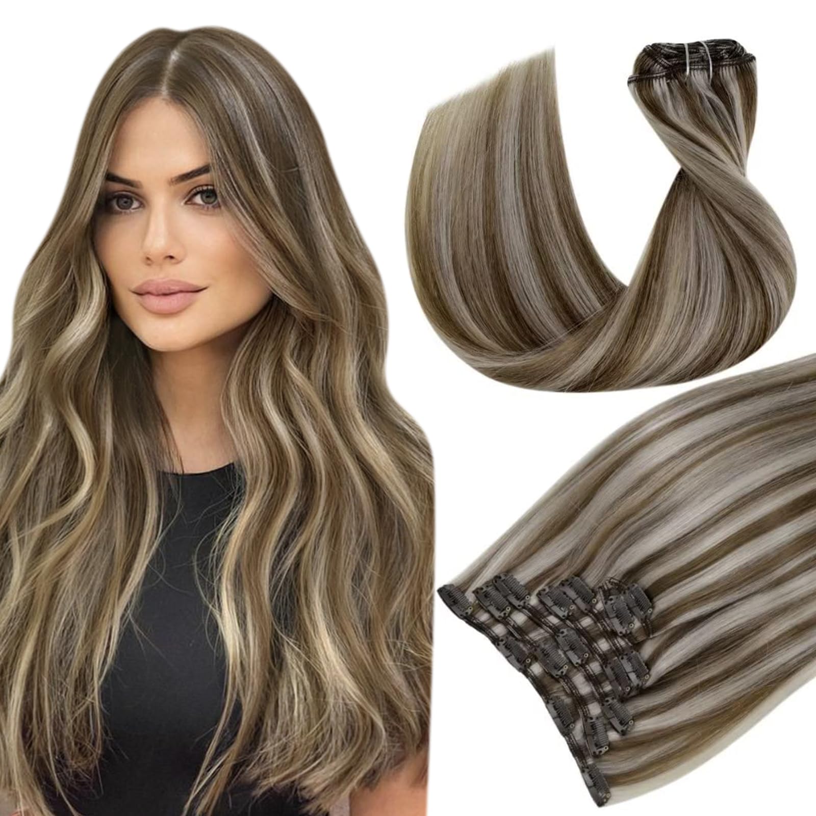 Hetto Clip in Hair Extensions Human Hair #10/613 Golden Brown Mix Bleach Blonde Clip in Extensions Human Hair Straight Clip in H