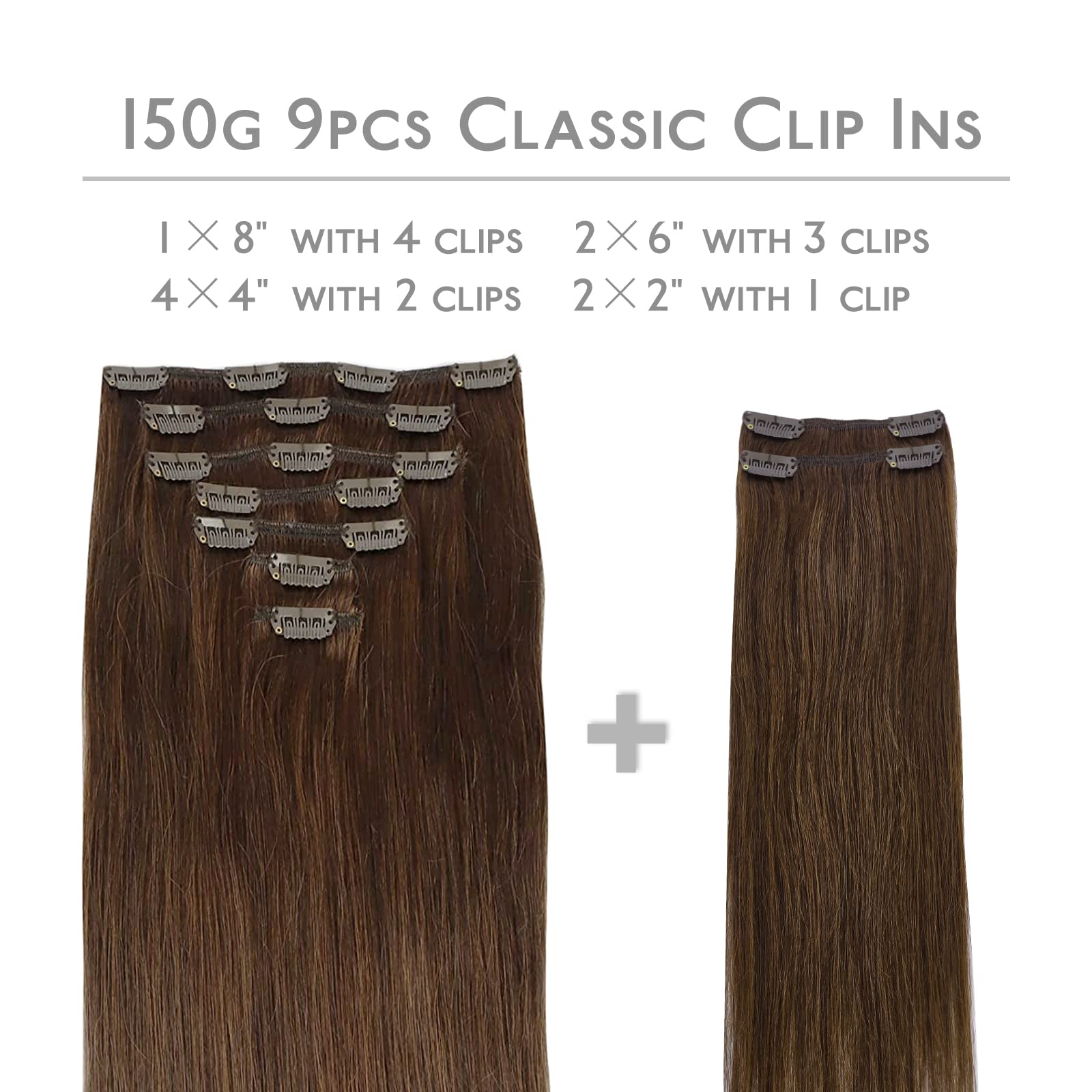 Wennalife Clip In Hair Extensions, 150G 24 Inch 9Pcs Chocolate Brown Human Hair Extensions Thicker Clip In Hair Extensions Real