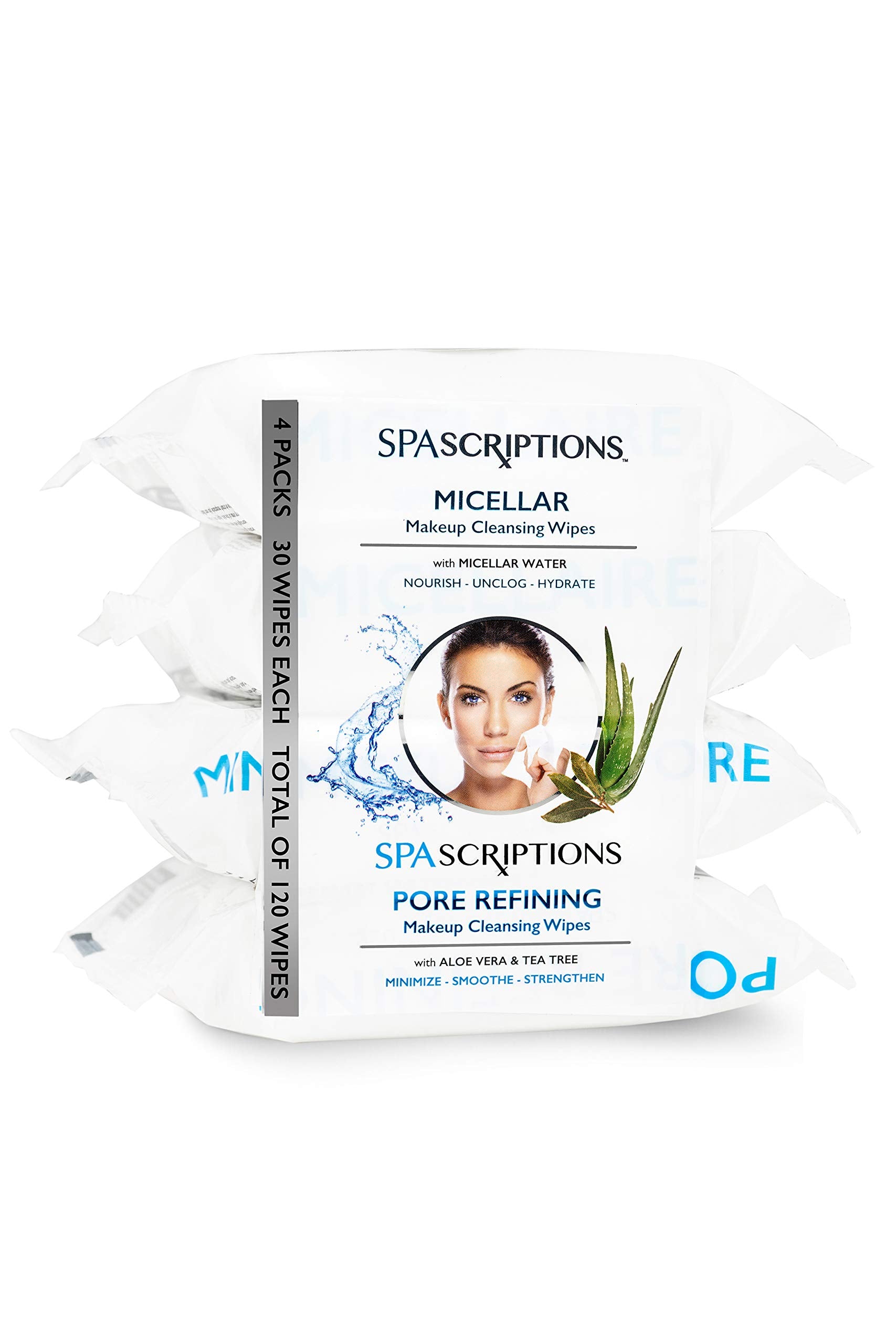 Spascriptions Cleansing Makeup Removal Wipes Bulk - Great For Travel Toiletries - 120 Count (4-Pack) (Micellar/Pore Refining)